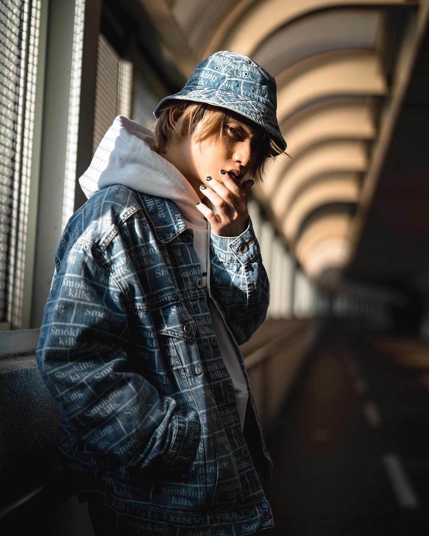 Smoking kills Denim Jacket , Pants & Bucket hat wearing @skyhidaka