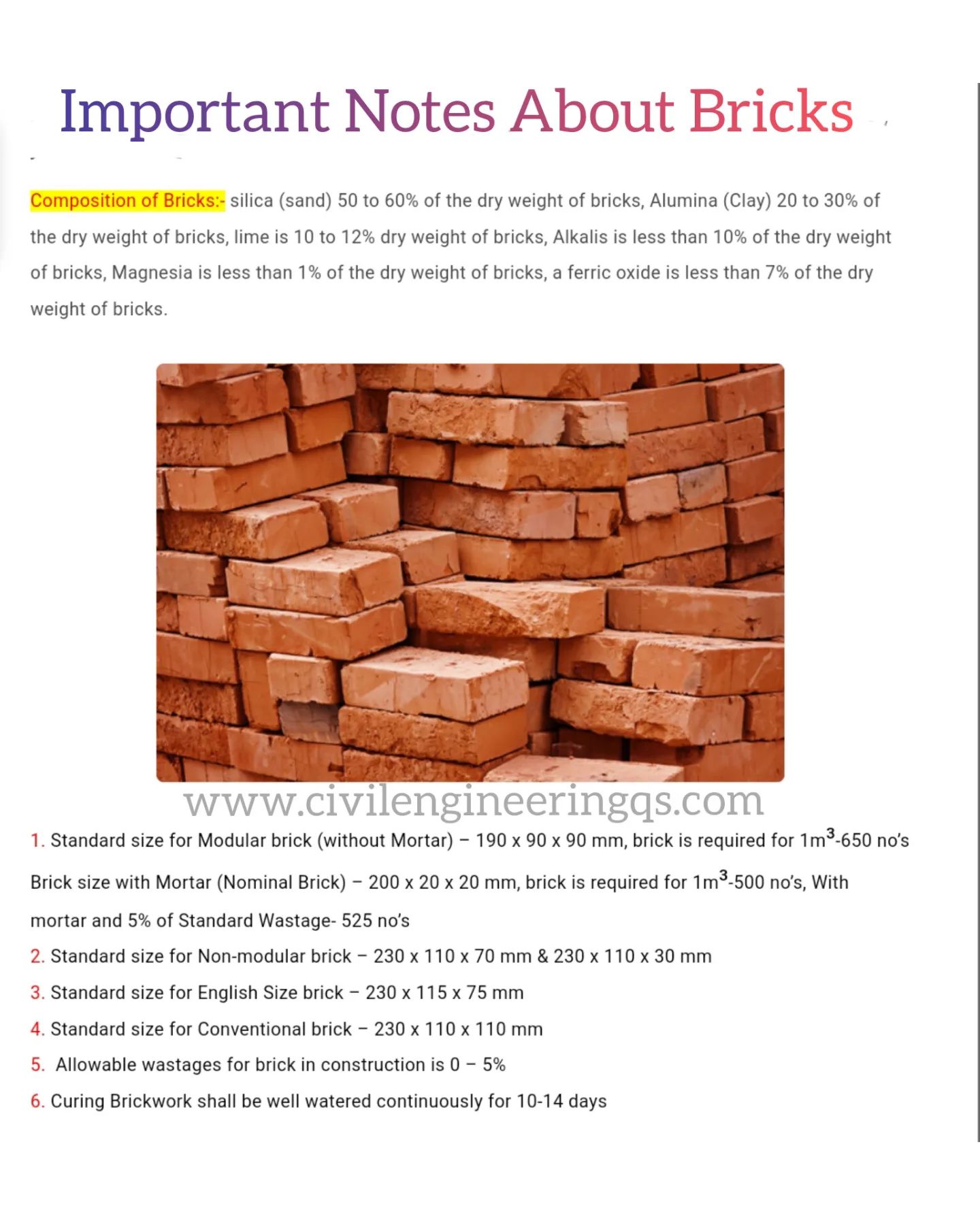 Civil - Important Notes About Bricks https://civilengineeringqs.com ...