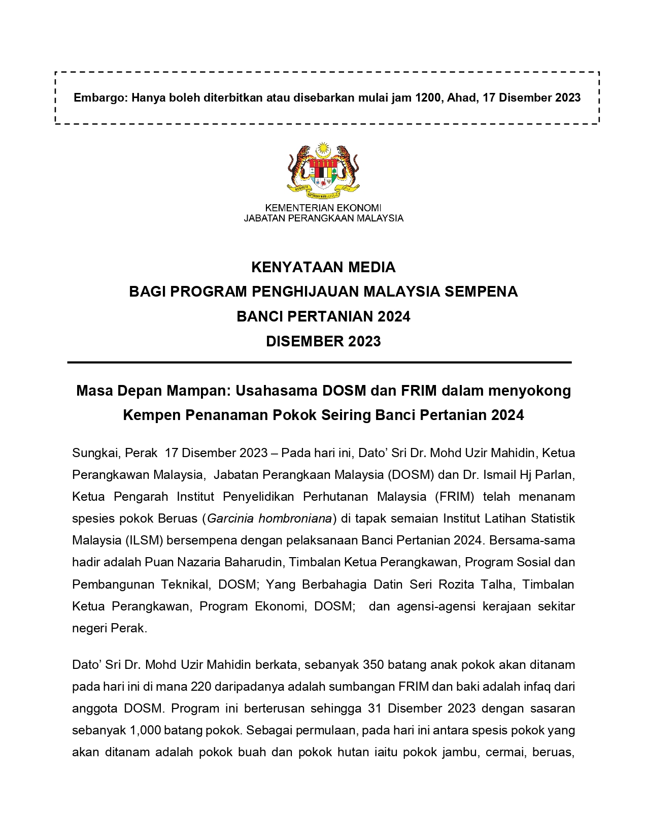 KENYATAAN MEDIA DOSM:... - Department of Statistics, Malaysia