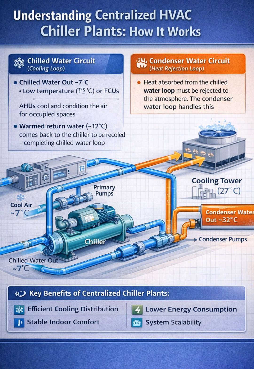 Understanding the Chiller System Made Simple! A water-cooled chiller system works through two main loops: ✓ Chilled Water Loop (7°C → 12°C) for cooling the AHU ✓ Condenser Water Loop (32°C →