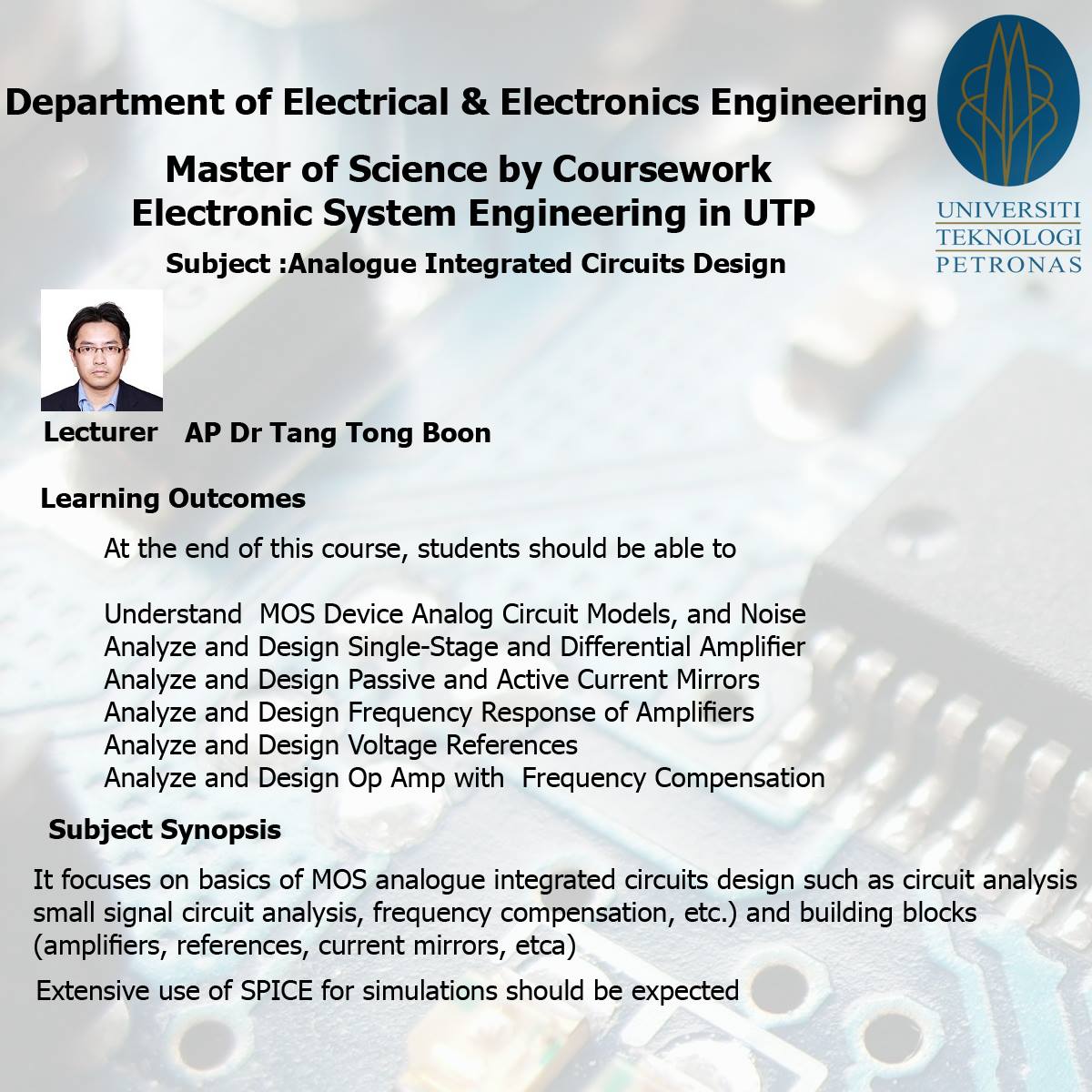 Master of Science by Coursework - Electronic System Engineering in UTP