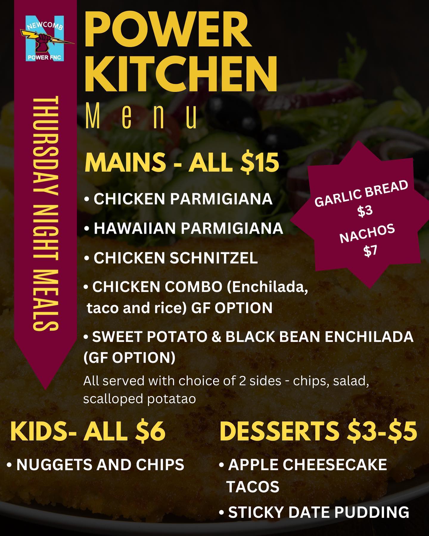 Menu for the week!... - Newcomb Power Football & Netball Club