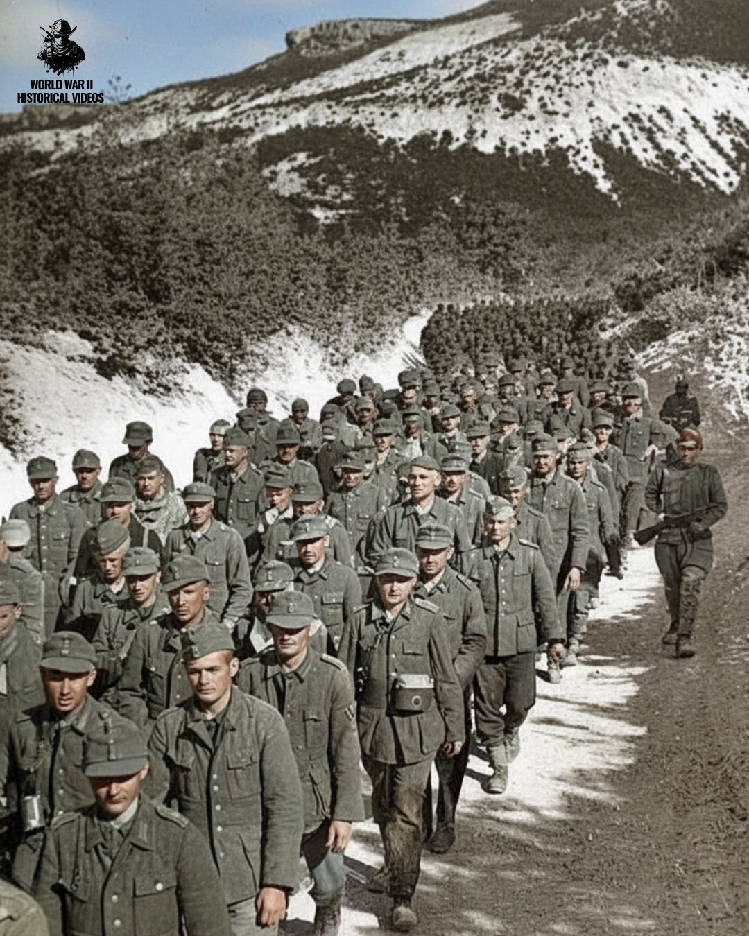 WORLD - This photograph shows a long line of captured soldiers marching ...
