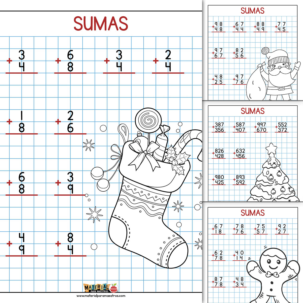 Material Gratis para Imprimir | Hojas de sumas con temática navideña ...