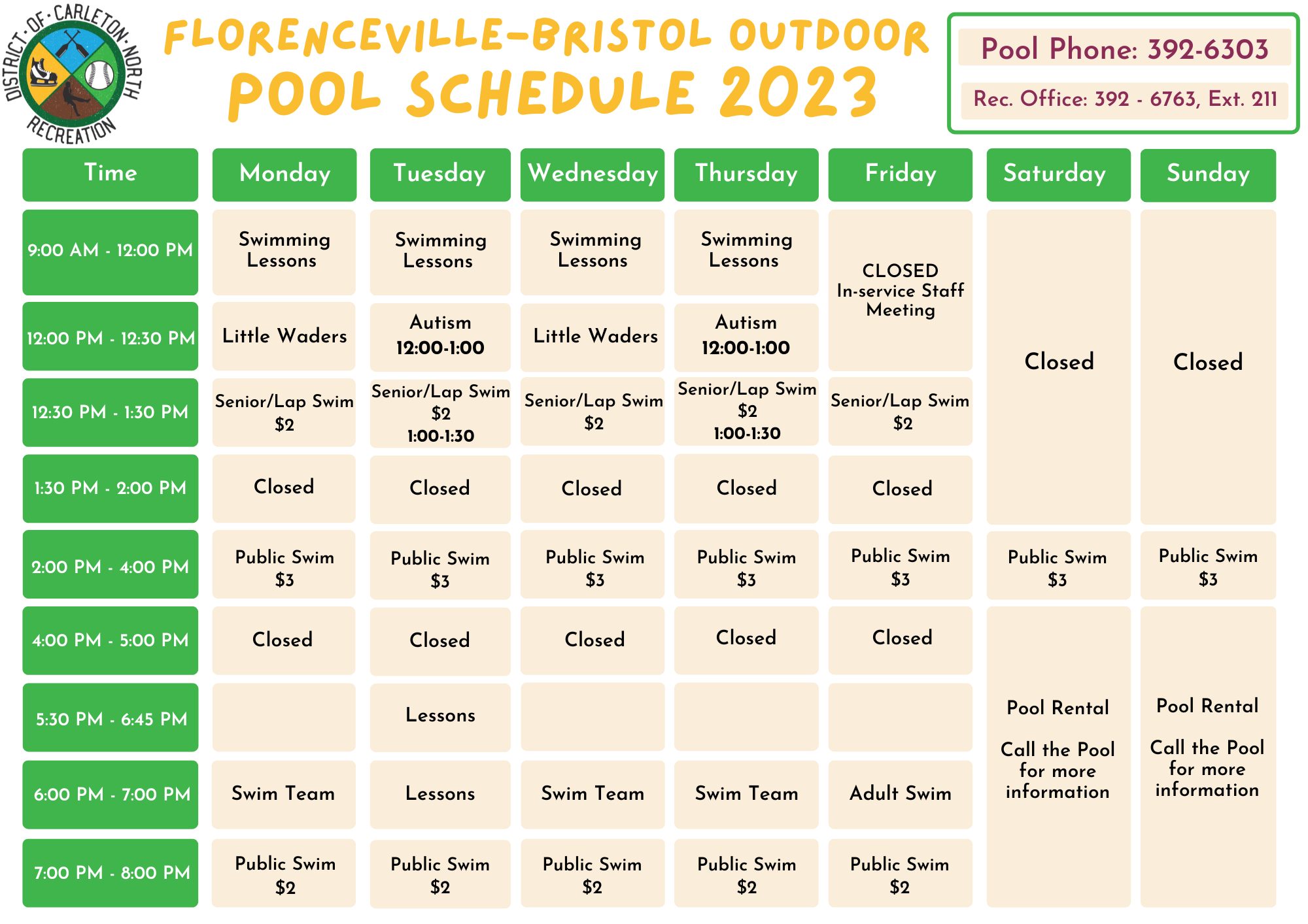 🏊‍♀️ Pool Schedule... - District of Carleton North Recreation | Facebook