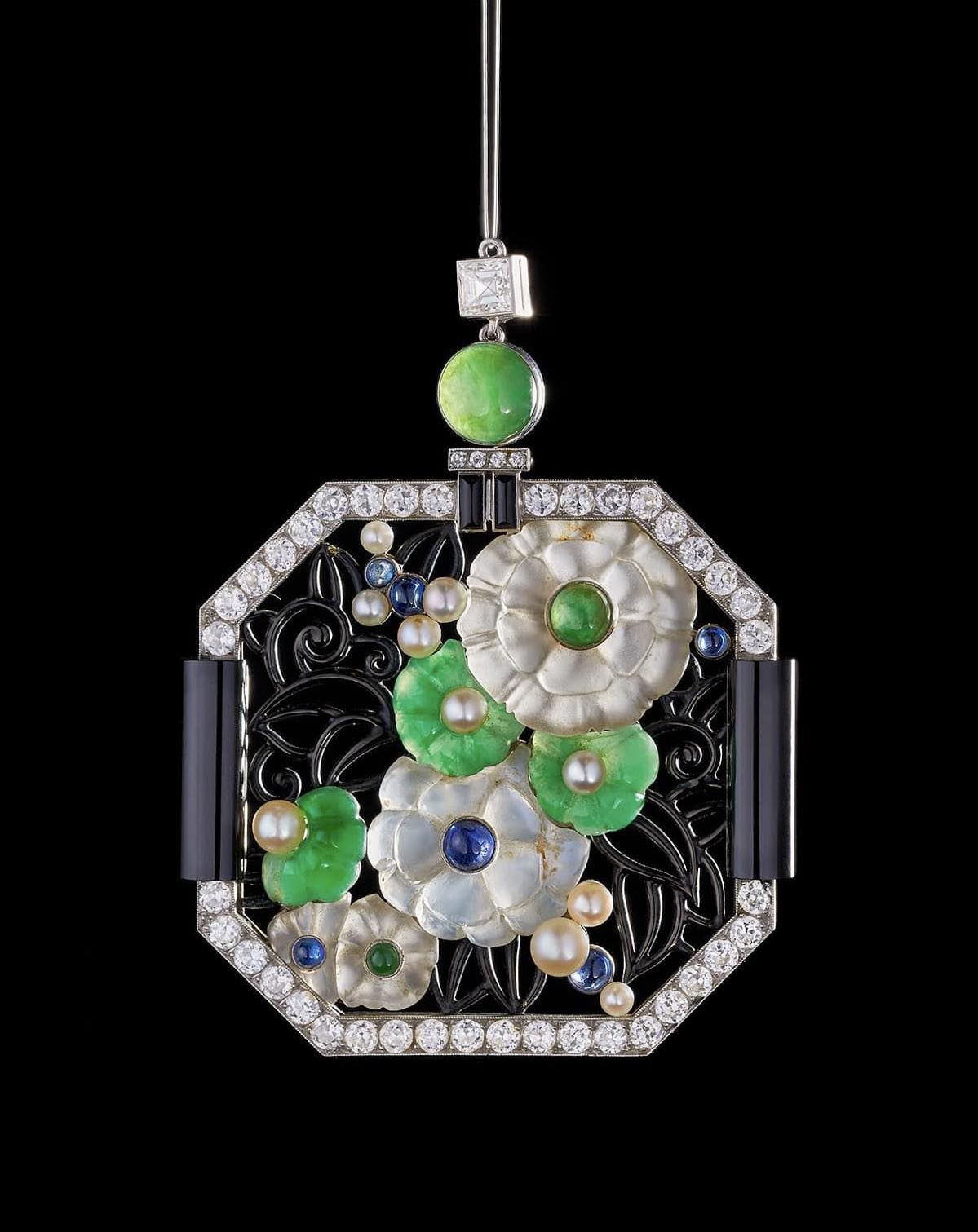 Épingle Jabot Art Déco En Argent 925 - Plaqué Platine, Ovale Avec Saphir Et Diamant, Motif Plume De Paon