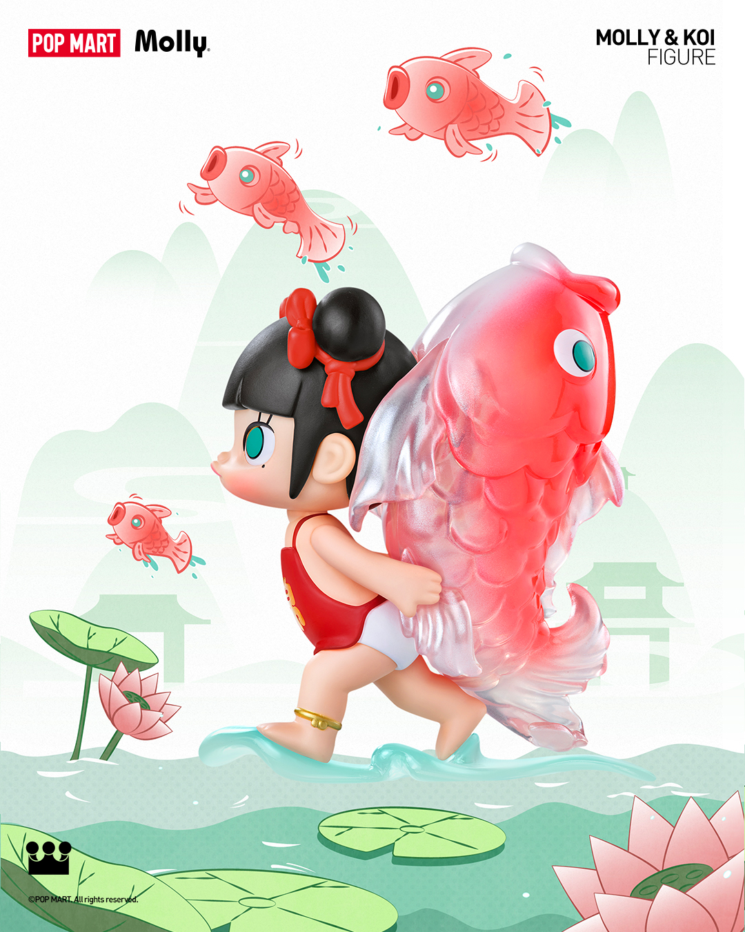 MOLLY, walking on water and holding an auspicious red koi, wishes