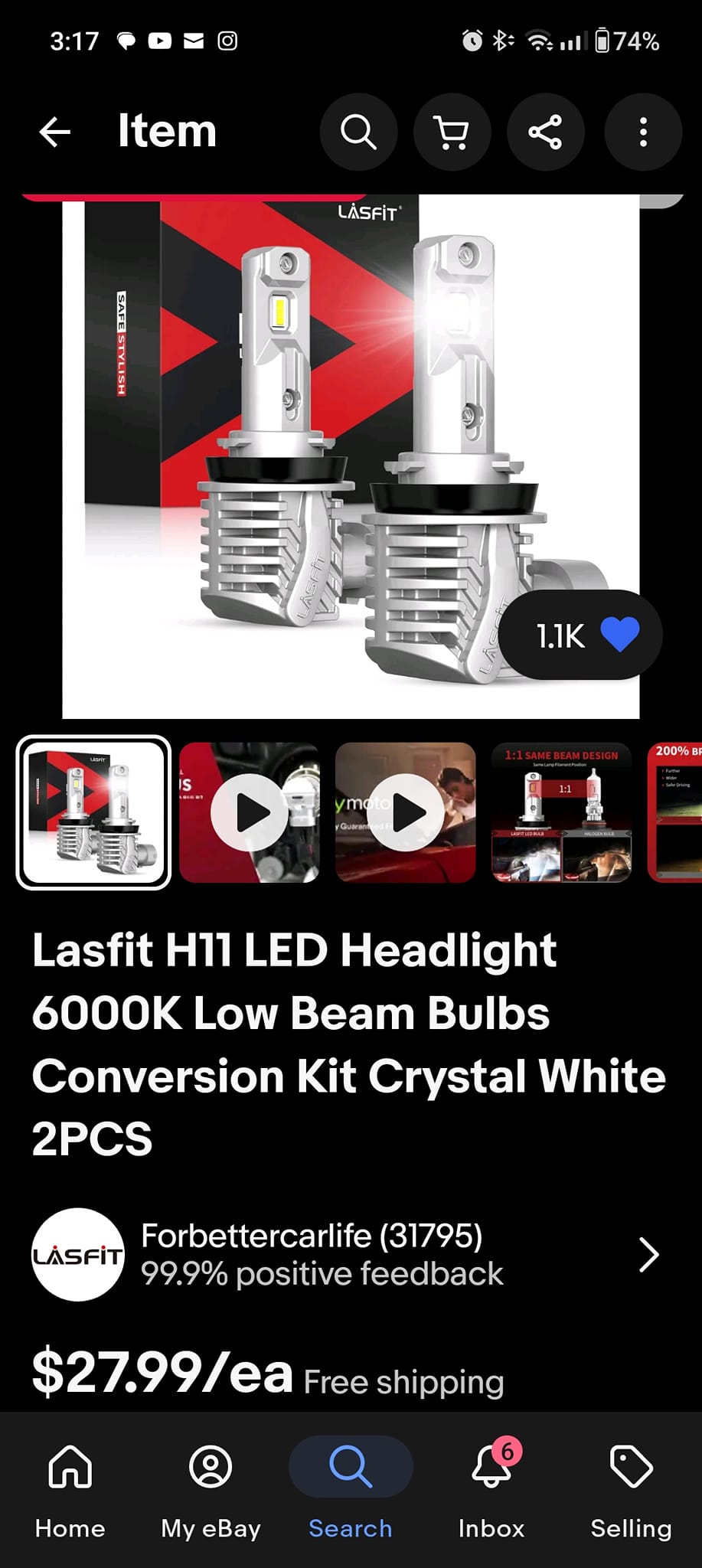 4-sided H11 9005 LED Combo Kit Headlights High Low Beam Bulbs 6000K