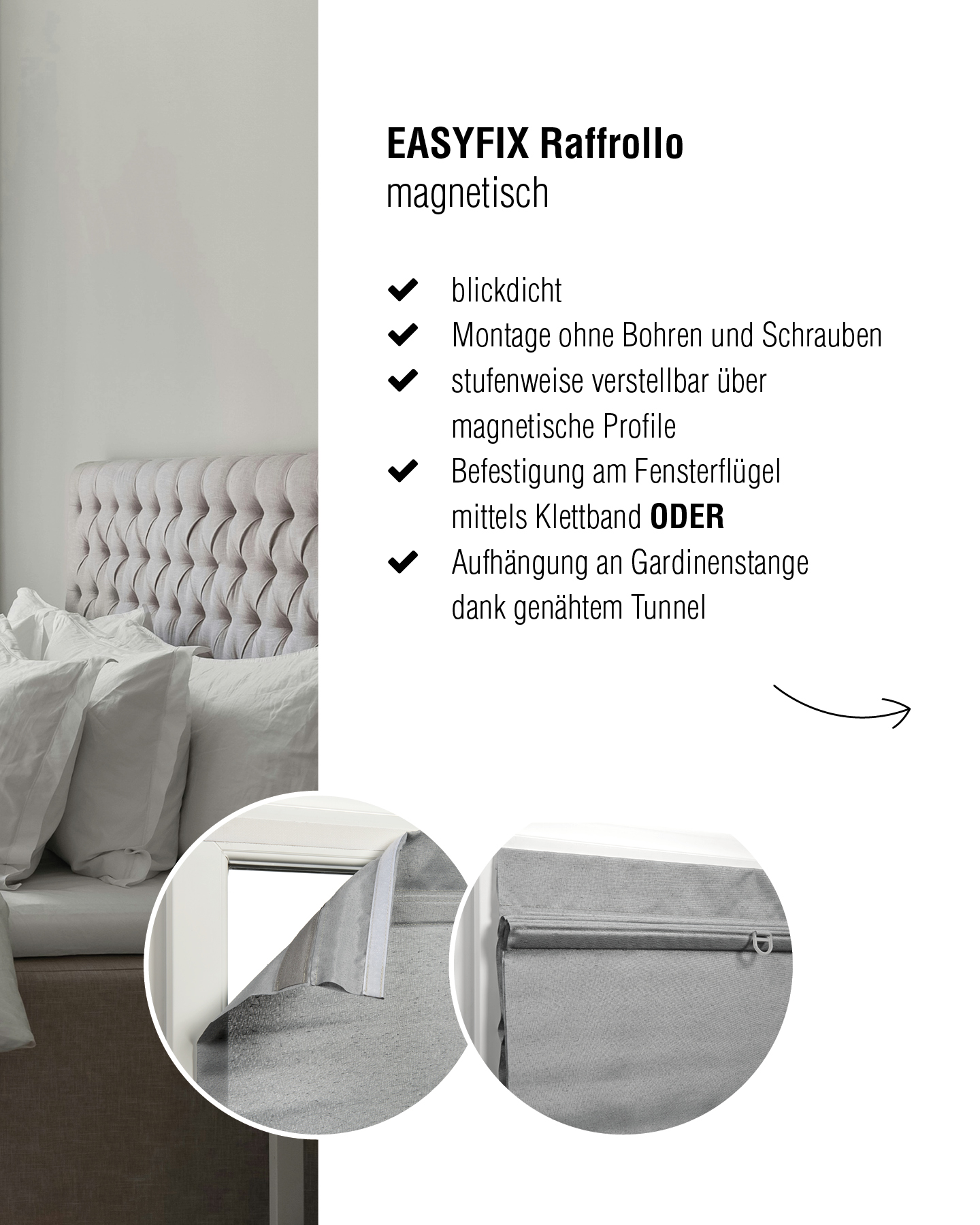 Magnetisch. Schnurlos. Einfach EASY. ✨ Unser EASYFIX Raffrollo ist die perfekte Lösung für alle, die's unkompliziert lieben: ✓ Montage ohne Bohren – dank Magnetprofil & Klettband ✓ 2 Befestigungsopti