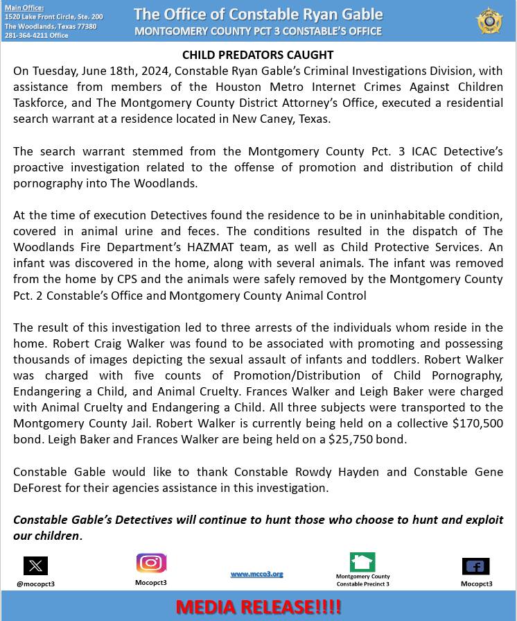 MEDIA RELEASE ***** CHILD PREDATORS CAUGHT On Tuesday, June 18th, 2024 ...