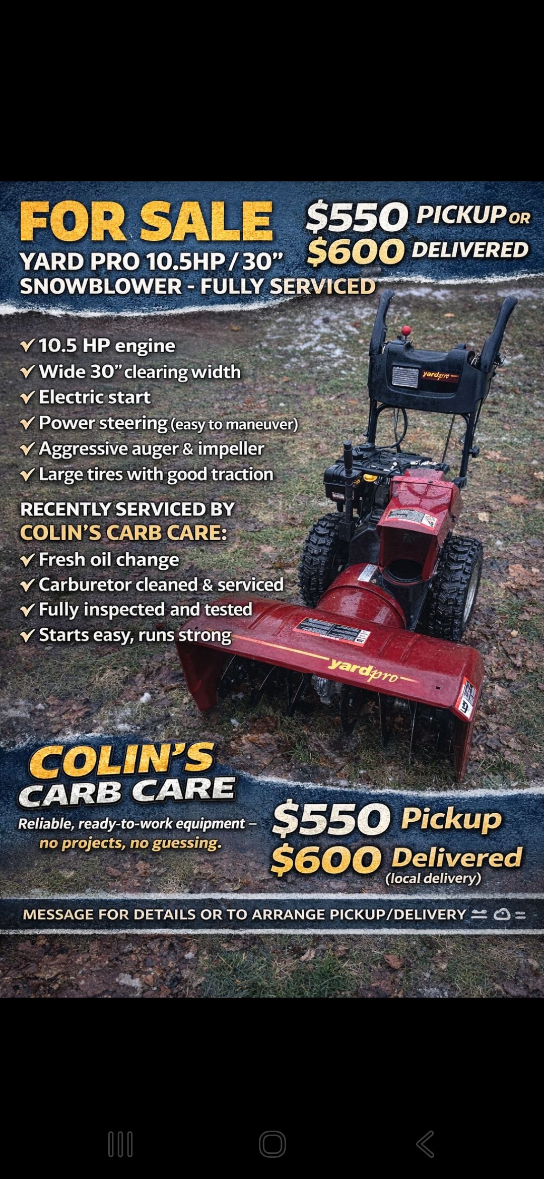 Colins - 🚨🚨🚨SALE🚨🚨🚨 Yard Pro 10.5 HP / 30” Snowblower – Power Steering ...
