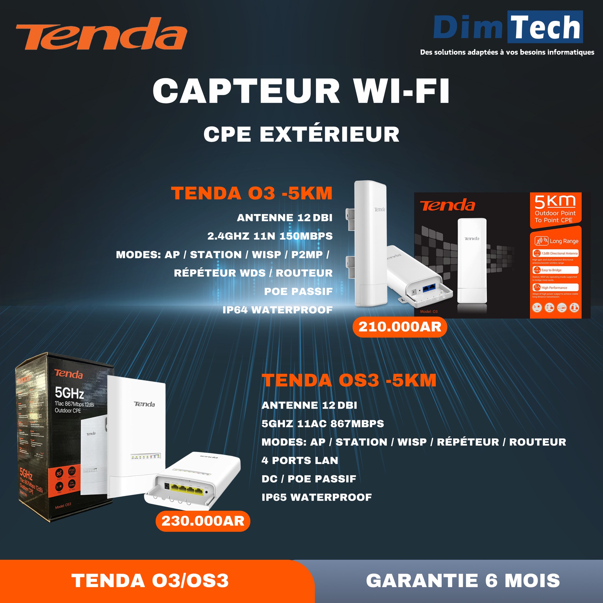 DimTech - Tenda O3 -210,000AR CAPTEUR WIFI 2.4GHZ -5KM POINT A POINT ...