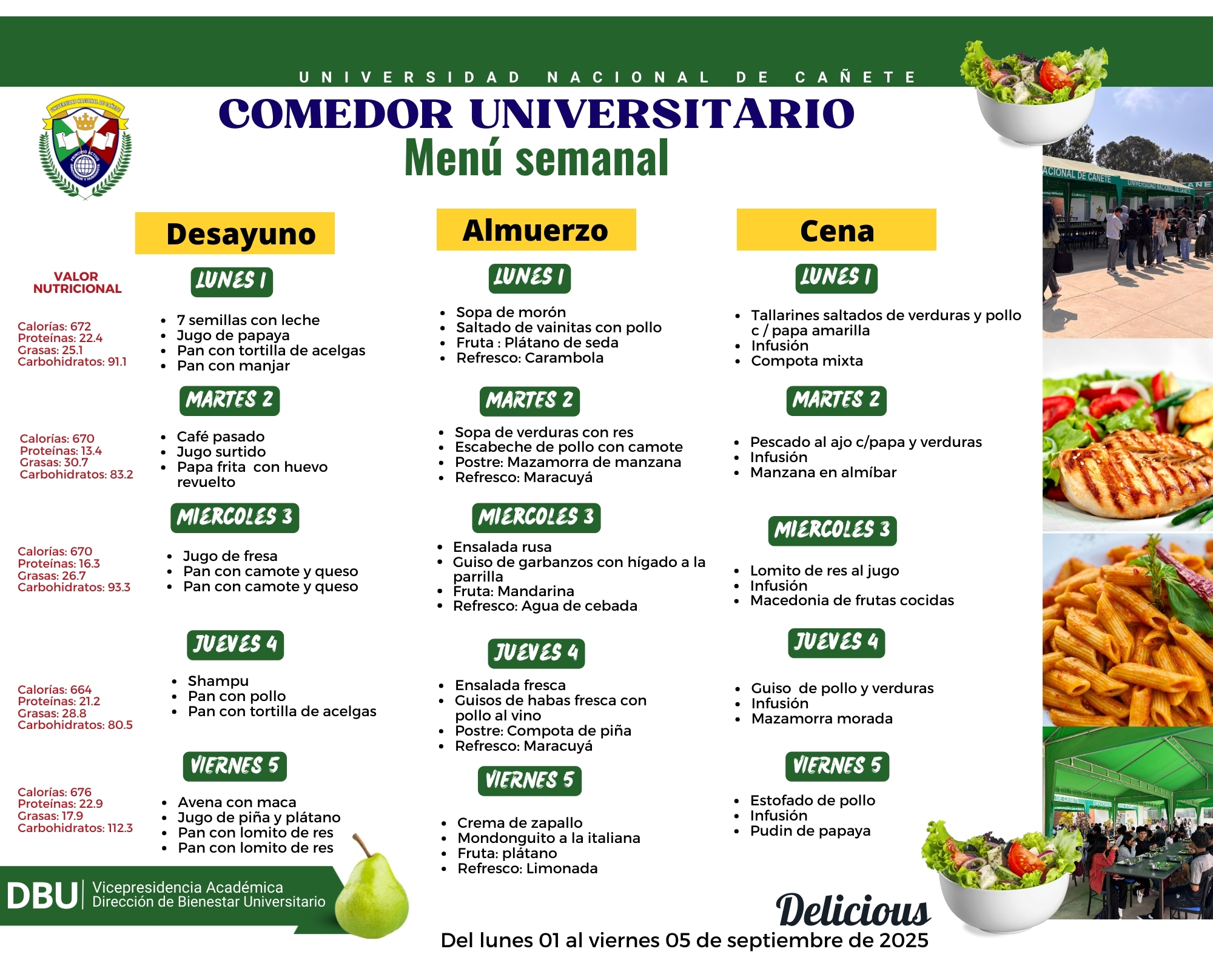 Dirección - #DBU 🍽️ 𝐌𝐞𝐧ú 𝐝𝐞𝐥 𝐂𝐨𝐦𝐞𝐝𝐨𝐫 𝐔𝐧𝐢𝐯𝐞𝐫𝐬𝐢𝐭𝐚𝐫𝐢𝐨 📅 Del lunes 01 al ...