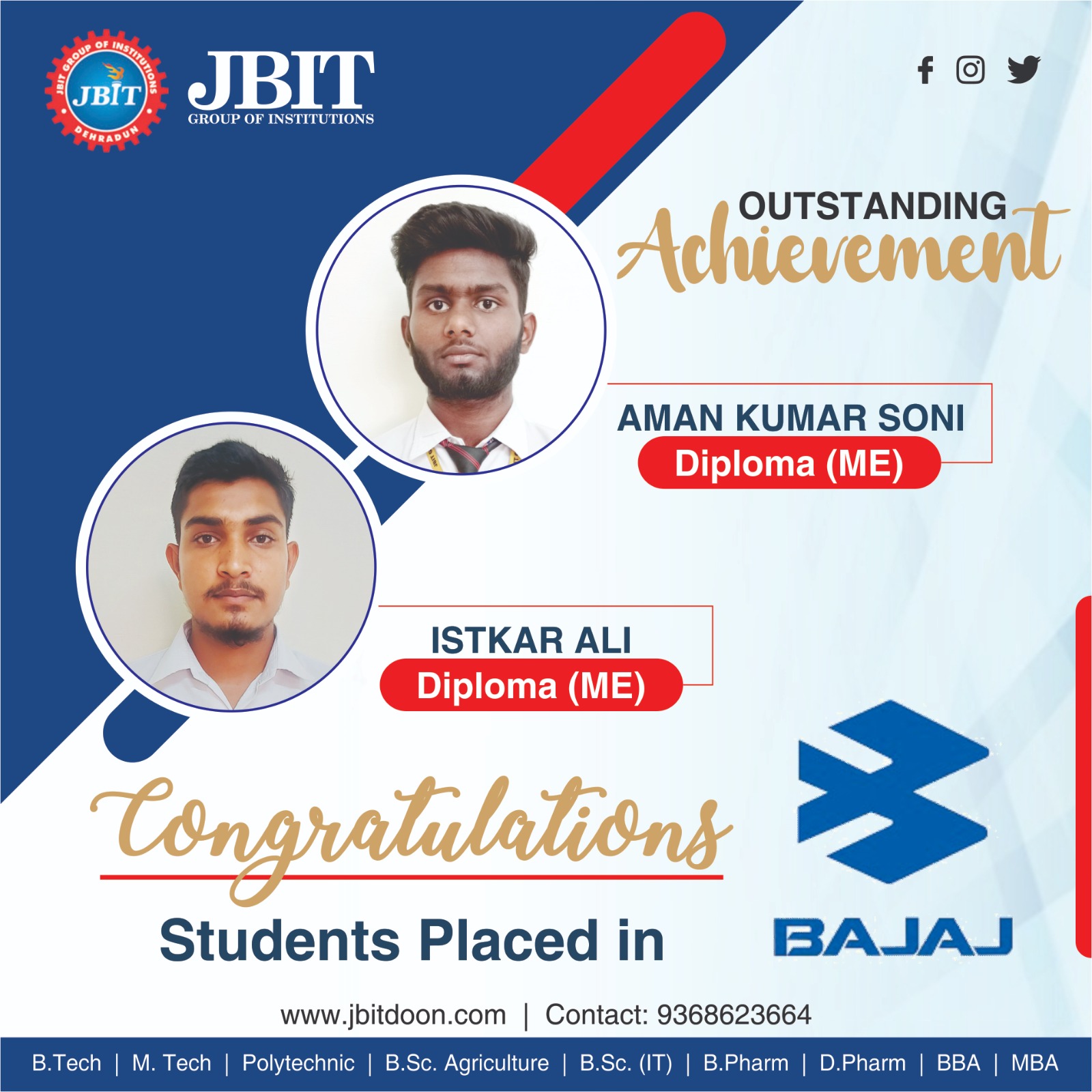 JBIT - 🎉 Congratulations to the JBIT students Aman Kumar Soni (Diploma ...