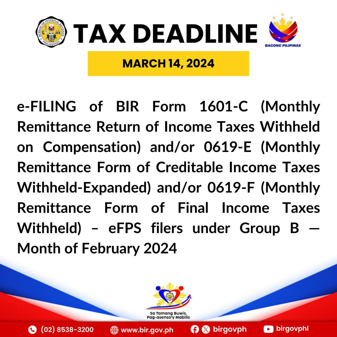 Bureau - BIR Tax Deadline 14 Thursday e-FILING of BIR Form 1601-C ...