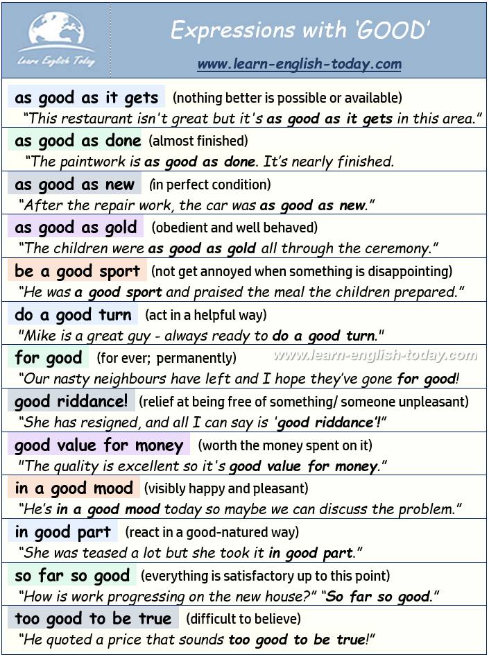 EXPRESSIONS with GOOD More here:... - Learn English Today.com