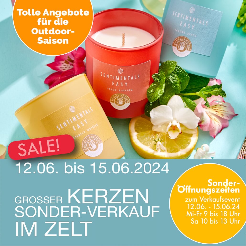 SALE im Stammhaus Kempen Es ist wieder soweit – 12.06.2024 bis 15.06.2024 großer Kerzen-Sonderverkauf im Zelt. Outdoorkerzen, Windlichte und vieles mehr für einen wundervollen Sommerabend erwarten Sie bei unserem sommerlichen Kerzen-Sonderverkauf im