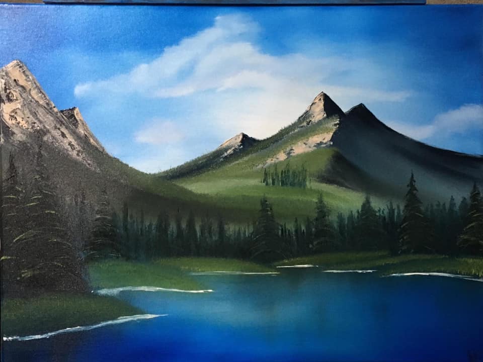 Bob Ross style Mountain Ridge Lake painting