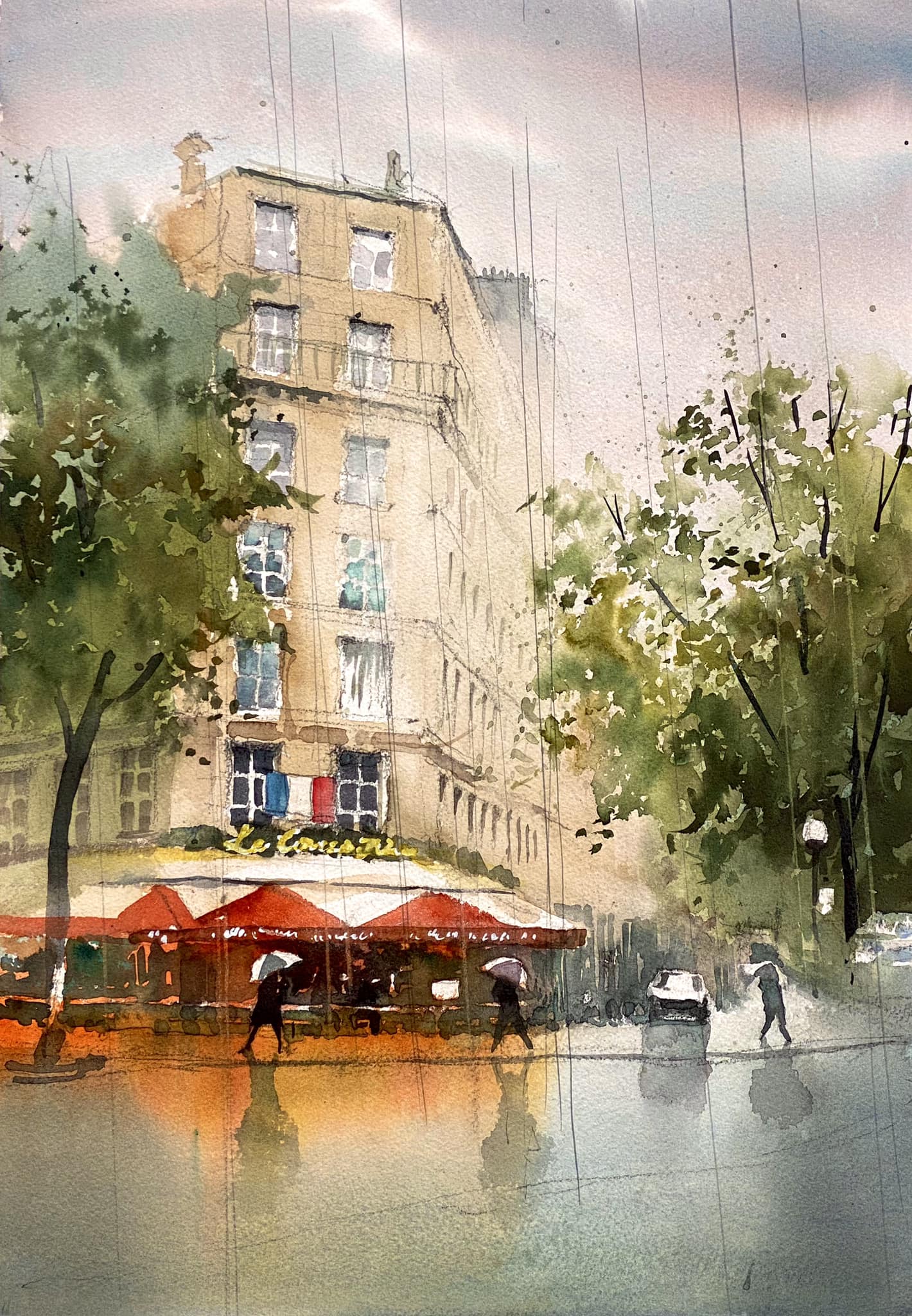 水彩画 BAR BREN 風景画 Cafe in the Rain (雨のカフェ)