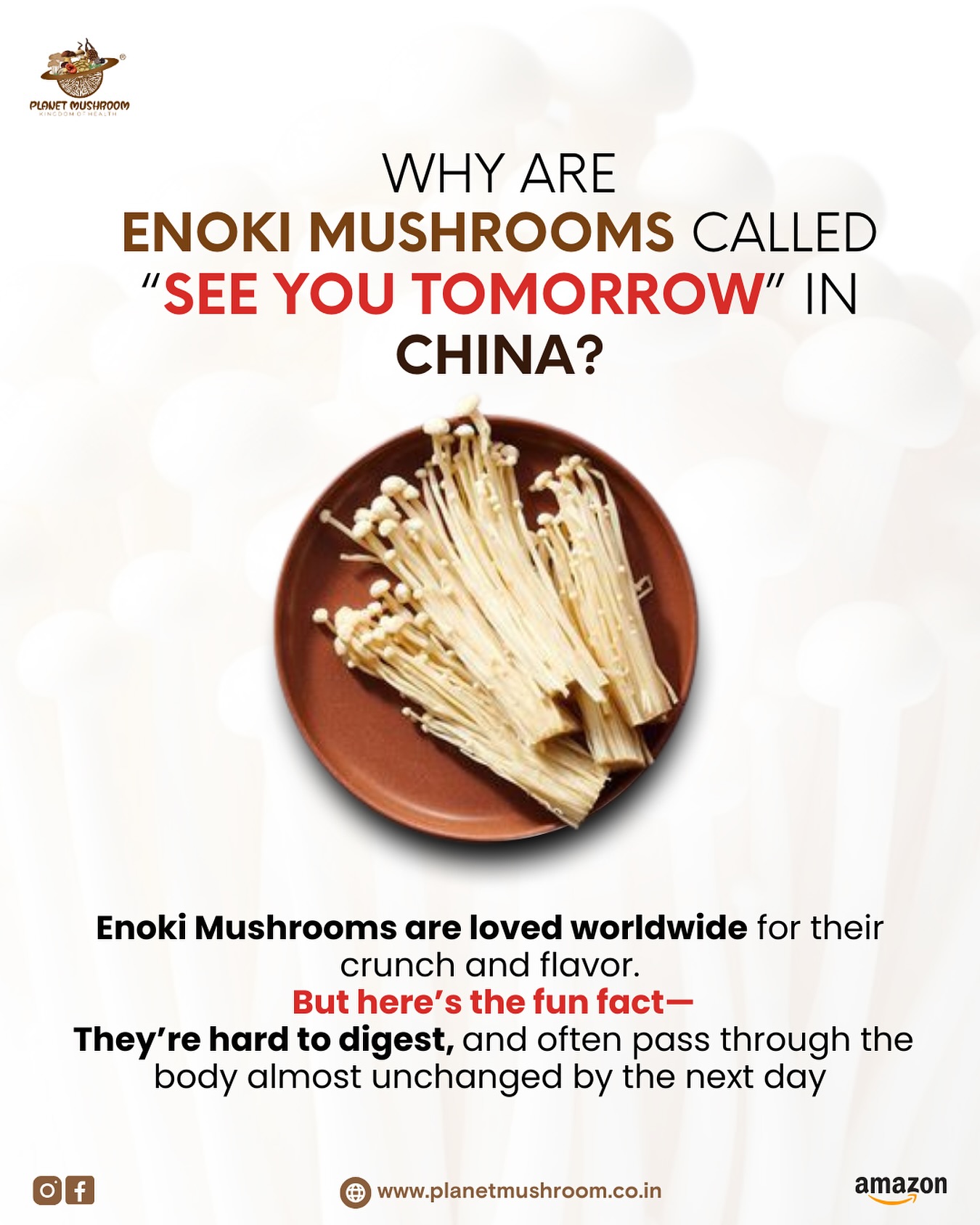 🍄 “See you tomorrow mushroom” – that's the fun nickname for Enoki in China 😄 Because it's so high in dietary fiber, it often passes through your system quickly… and shows up
