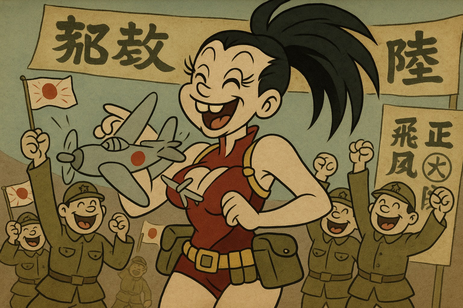 Momo Yaoyorozu if she was in an offensive anti Japanese WW2 cartoon.