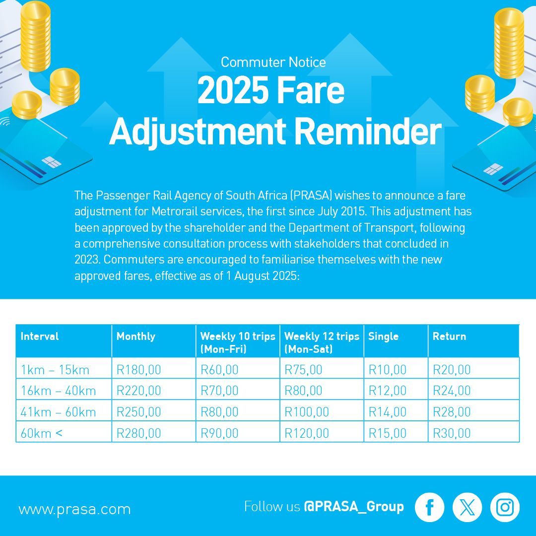 Prasa - 🚨 Fare Update Alert! 🚆 New Metrorail fares kick in from 1 ...