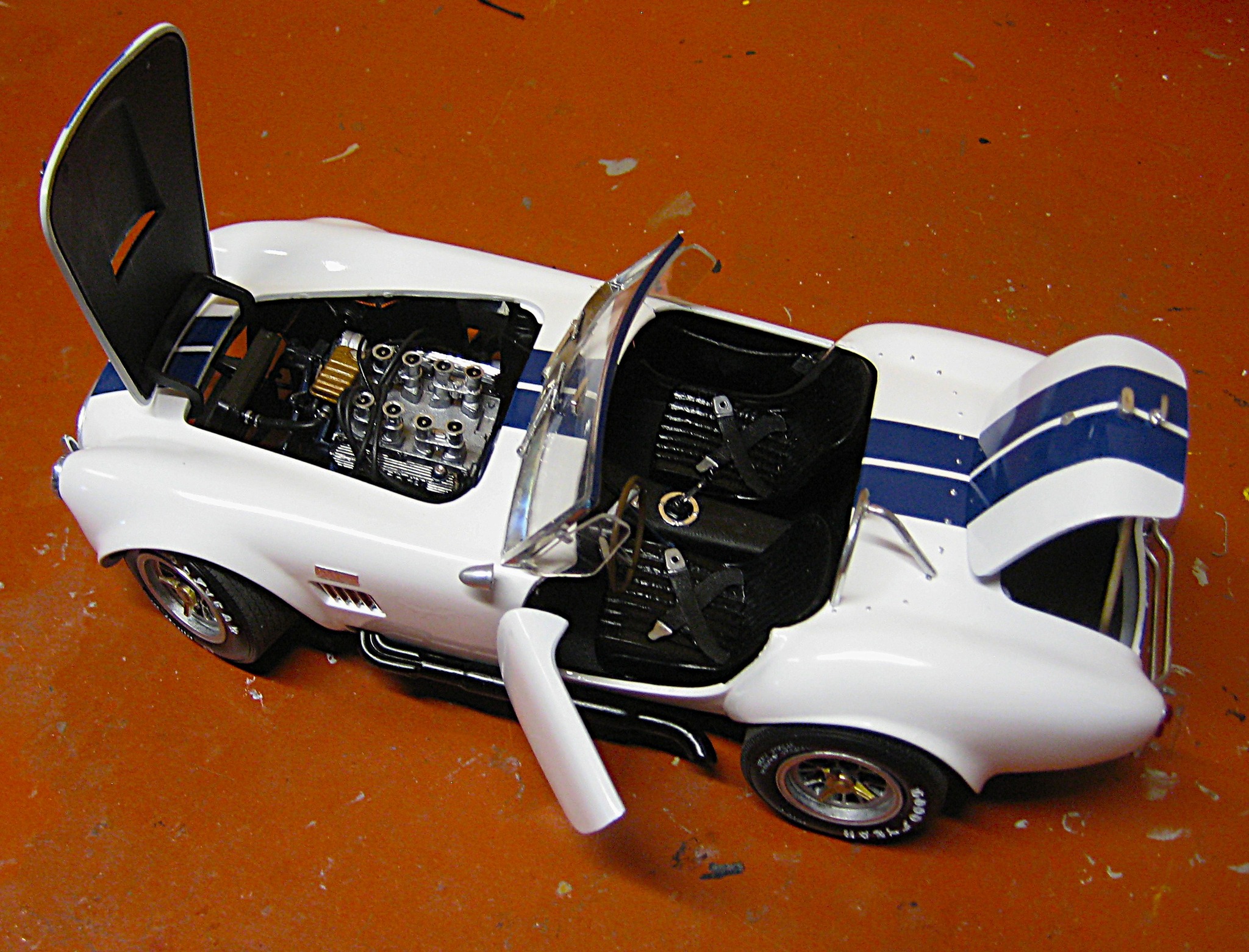 MPC Shelby Cobra 427 model car in white with blue stripes
