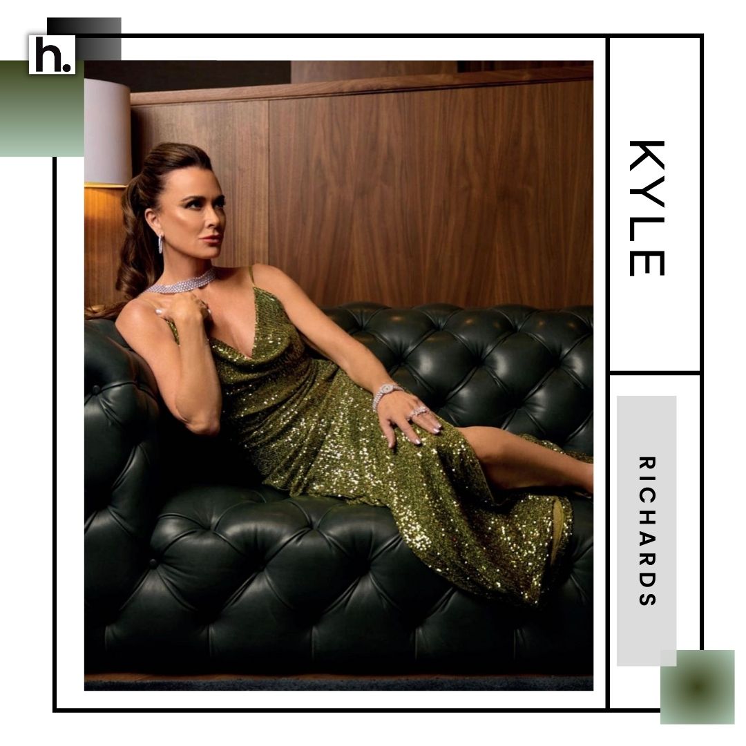 kyle richards green dress poses in a sequinned dress. 🤩 #RHOBH #kylerichards Bravo NotNewIn