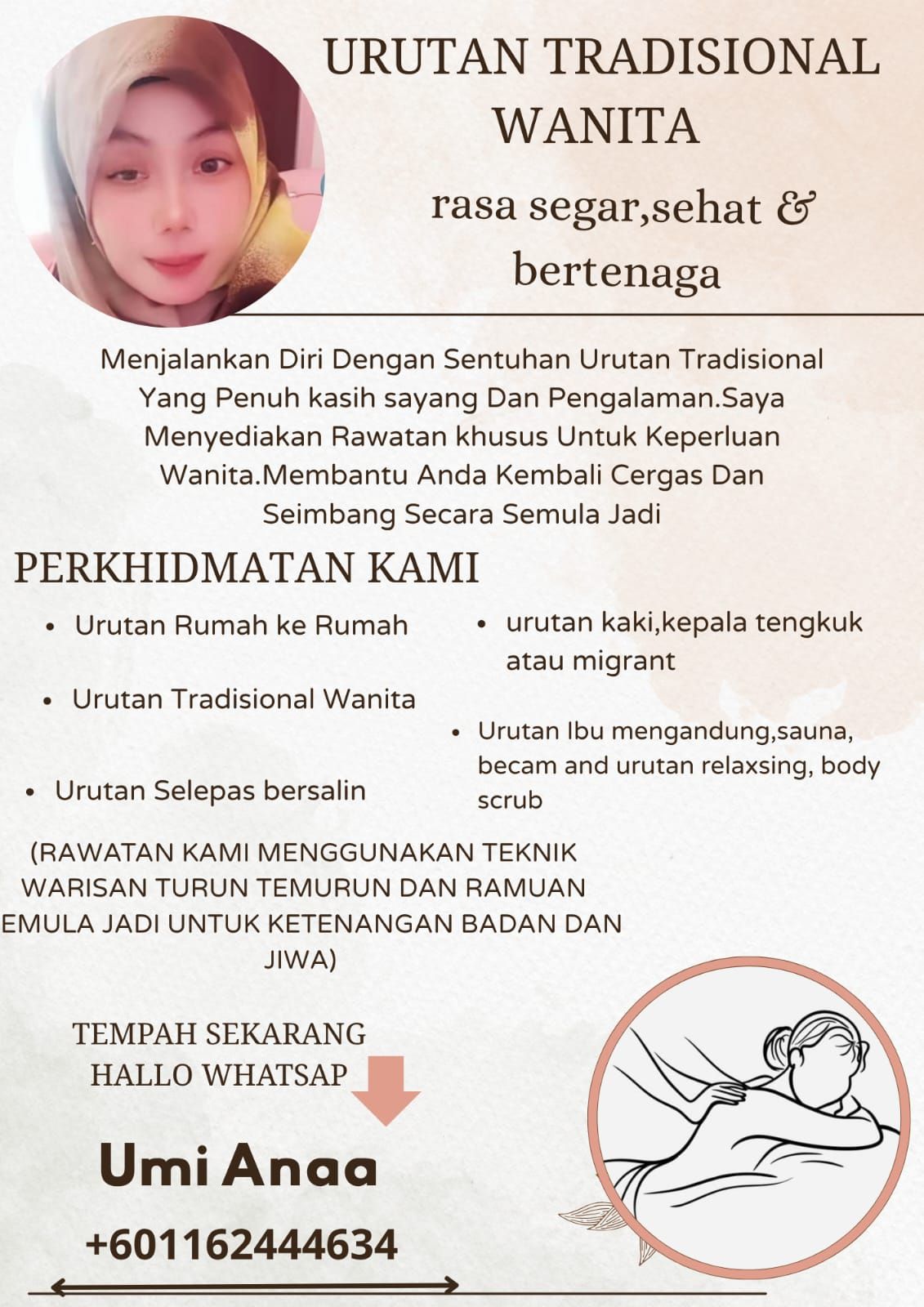 Urutan tradisional wanita dan urutan ibu berpantang. PM Umi Ana untuk ...