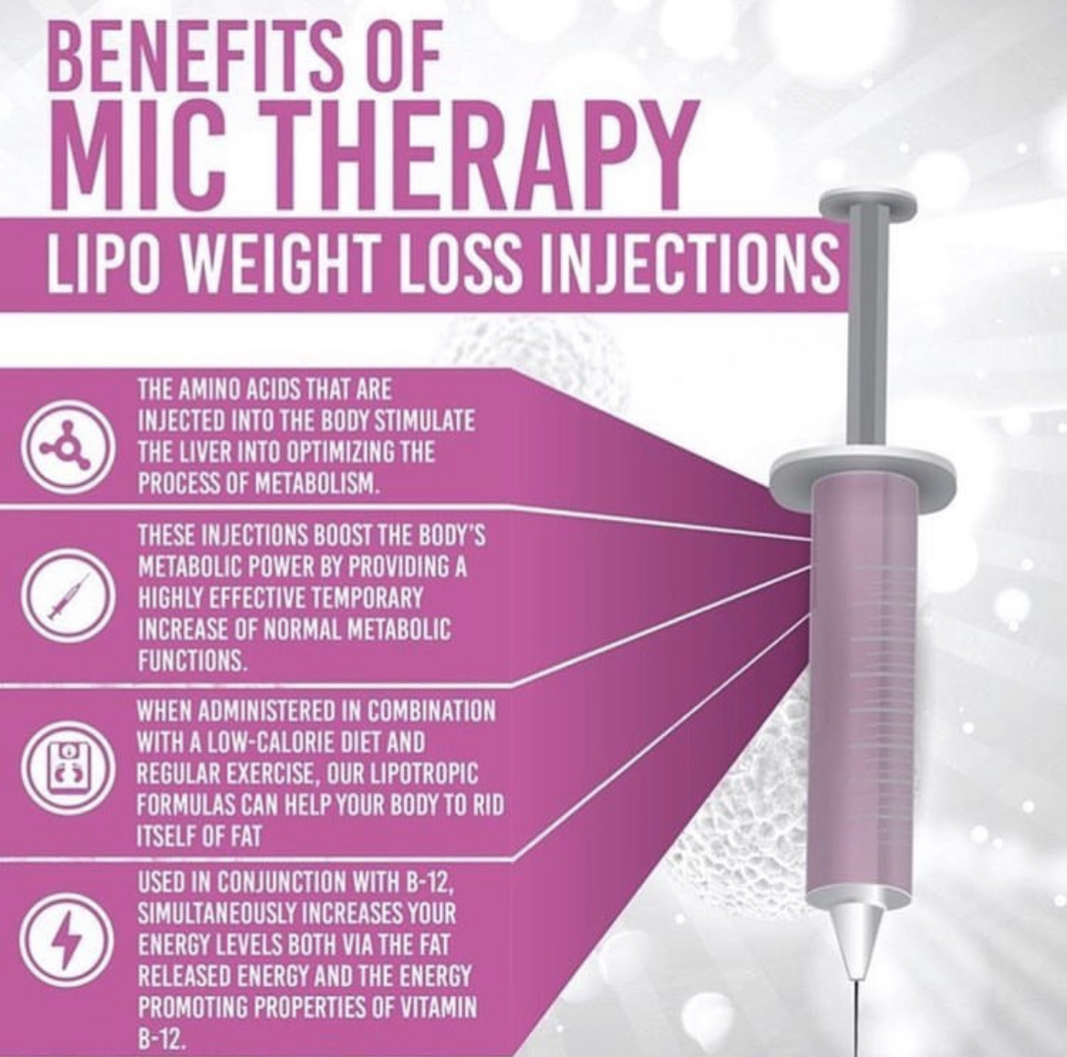 benefits of lipo c shots Try the many MIC lipotropic injections. 402-999-2329 sq administration Potency:1 mg Peppermint 4 Ways to Raise