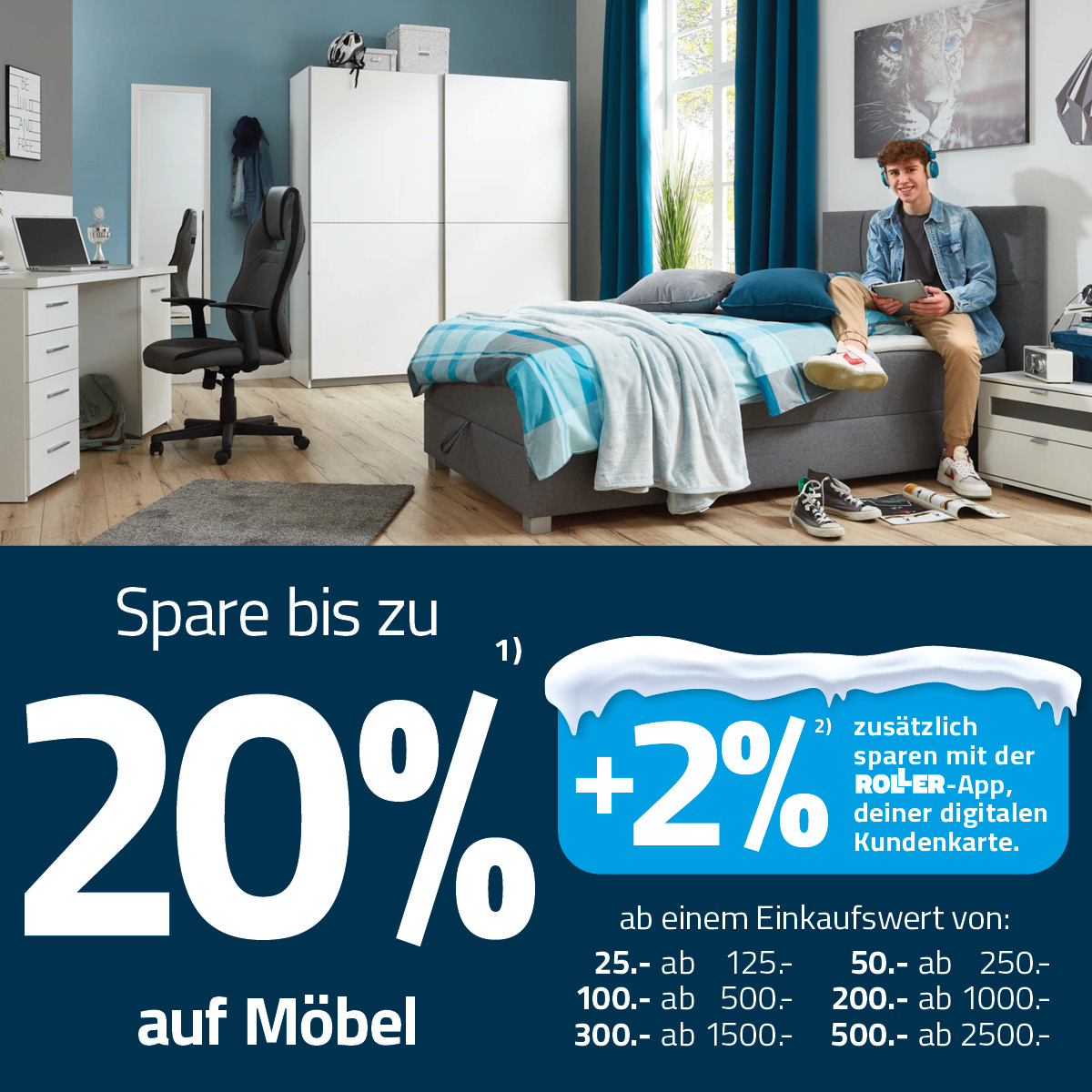 Spare jetzt 20% auf Möbel und sichere dir zusätzlich 2% Extra-Rabatt mit der ROLLER-App! 🛋️✨ Deine Chance, dein Zuhause zu verschönern und dabei smart zu sparen. Nutze die Aktion und hol dir