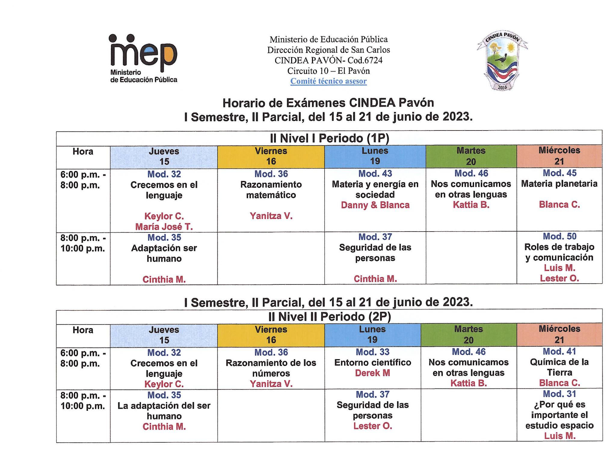 CINDEA PAVÓN - Se adjunta Horario II Parciales I Semestre...