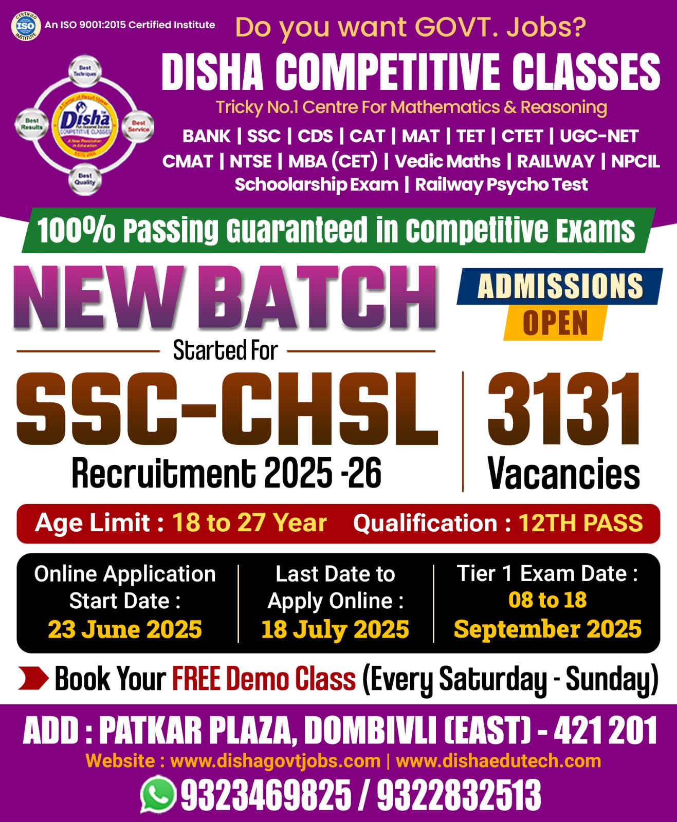 Disha - 📢 New Batch Alert! 🚀 SSC-CHSL 2025–26 Recruitment Coaching Now ...