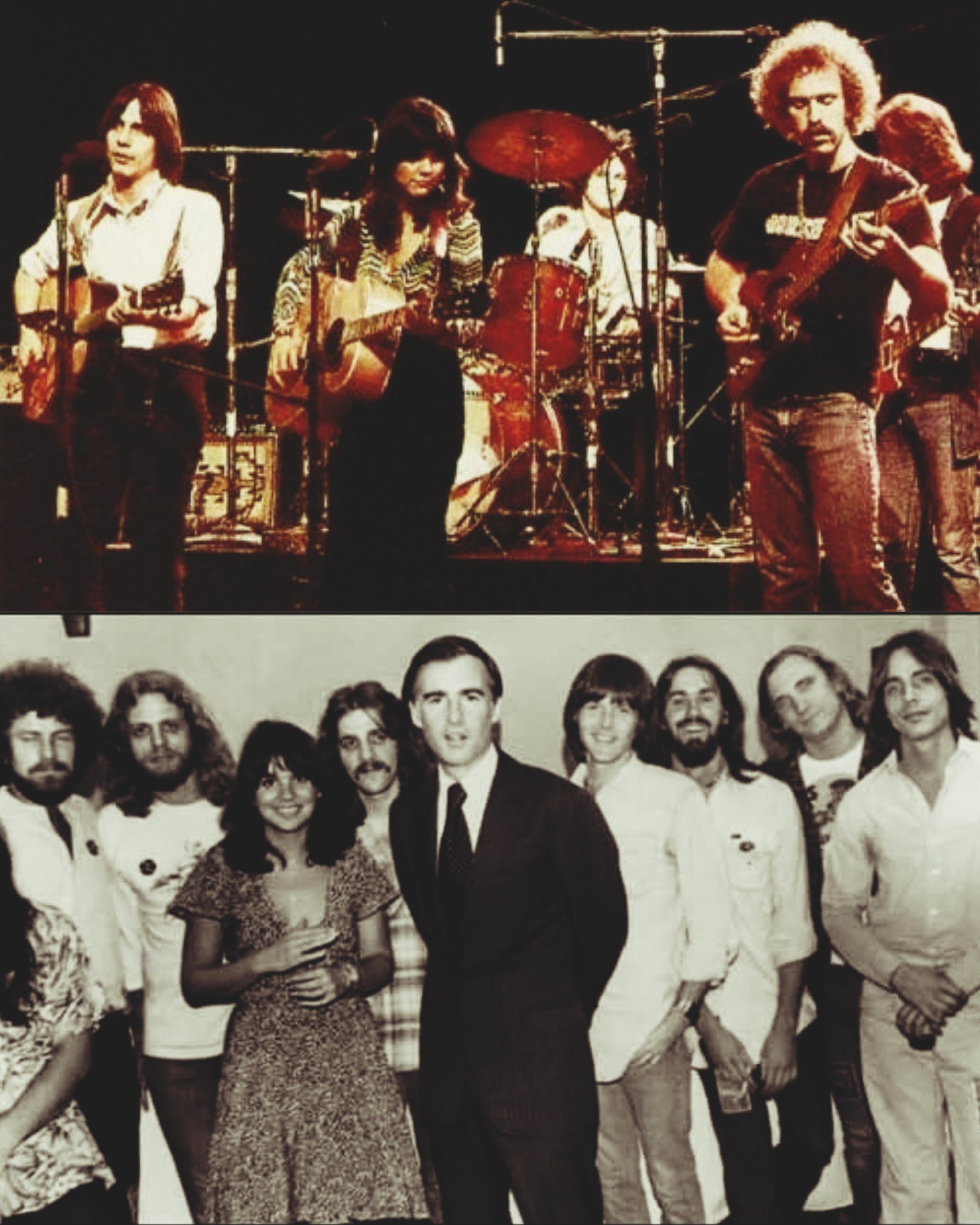 Eagles, Jackson Browne and Linda Rondstadt on stage, 1976. Photo