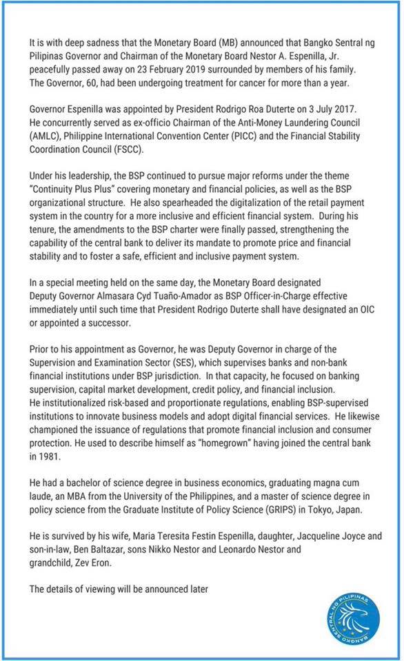 BSP Statement on the passing of... - Banco Sual A Rural Bank