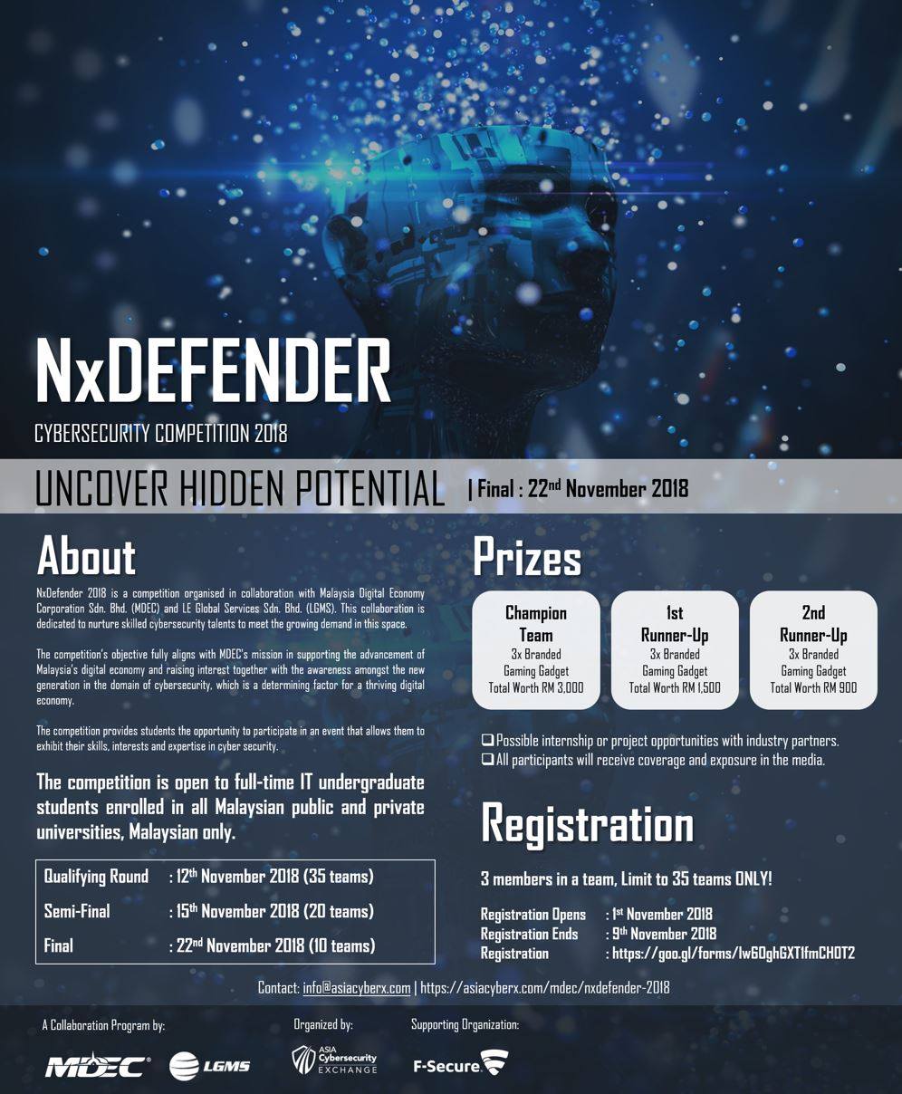 Asia Cybersecurity Exchange Come Challenge Yourself In Nxdefender2018 This Is A Cybersecurity Competition Organised In Collaboration With Malaysia Digital Economy Corporation Sdn Bhd Mdec And Le Global Services Sdn Bhd Lgms This