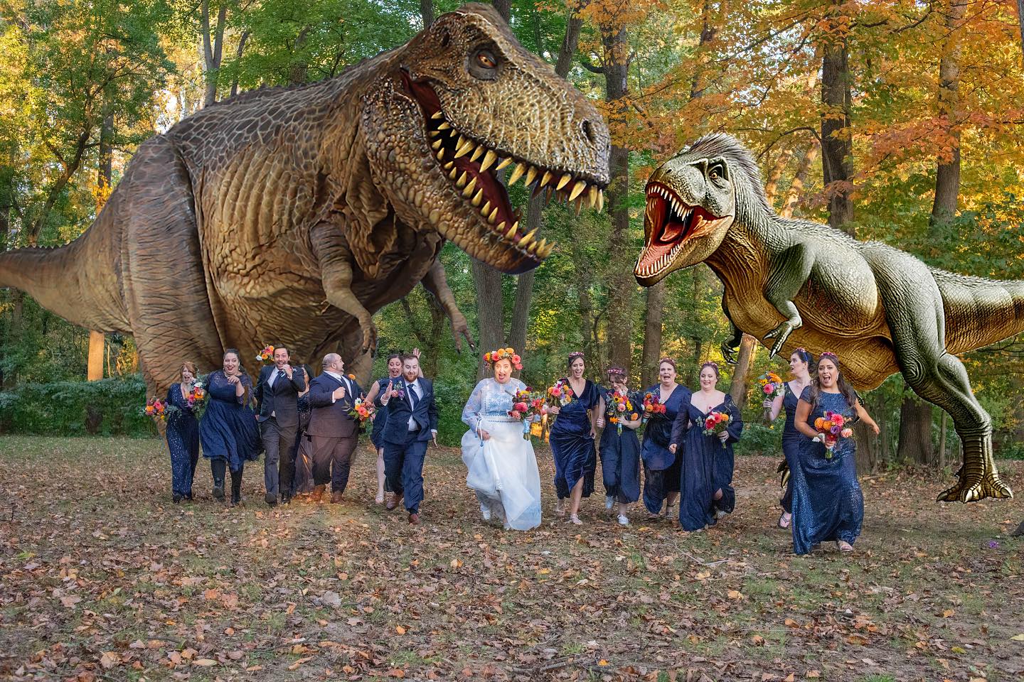 Bridesmaid wears t-rex costume to wedding