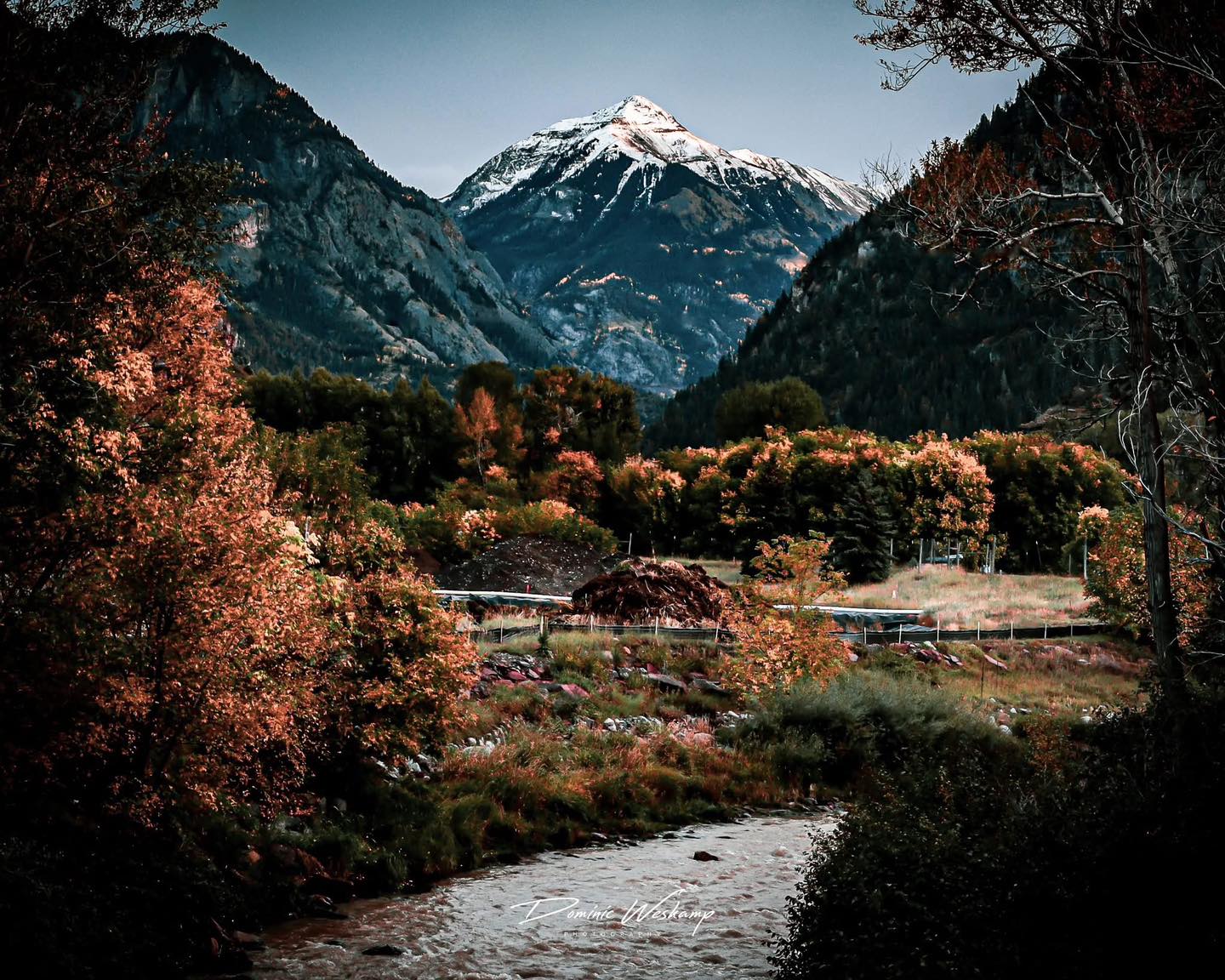 Southbound on Highway 550 — golden fall colors, a snow-capped peak