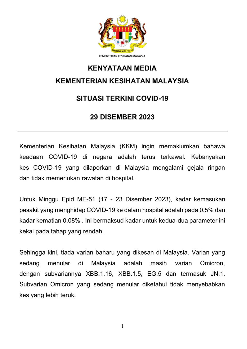 Kenyataan Media... - KEMENTERIAN KESIHATAN MALAYSIA | Facebook