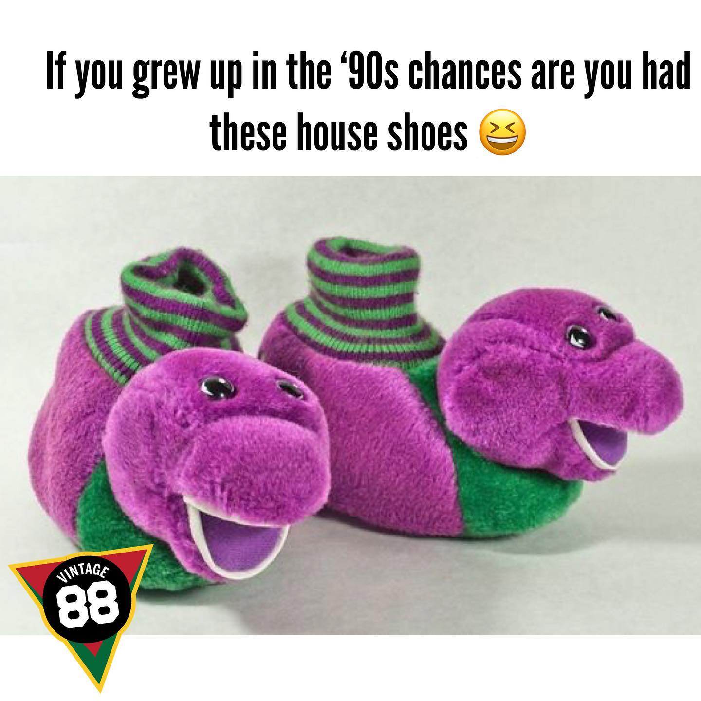 Wearing vintage Barney slippers for 
