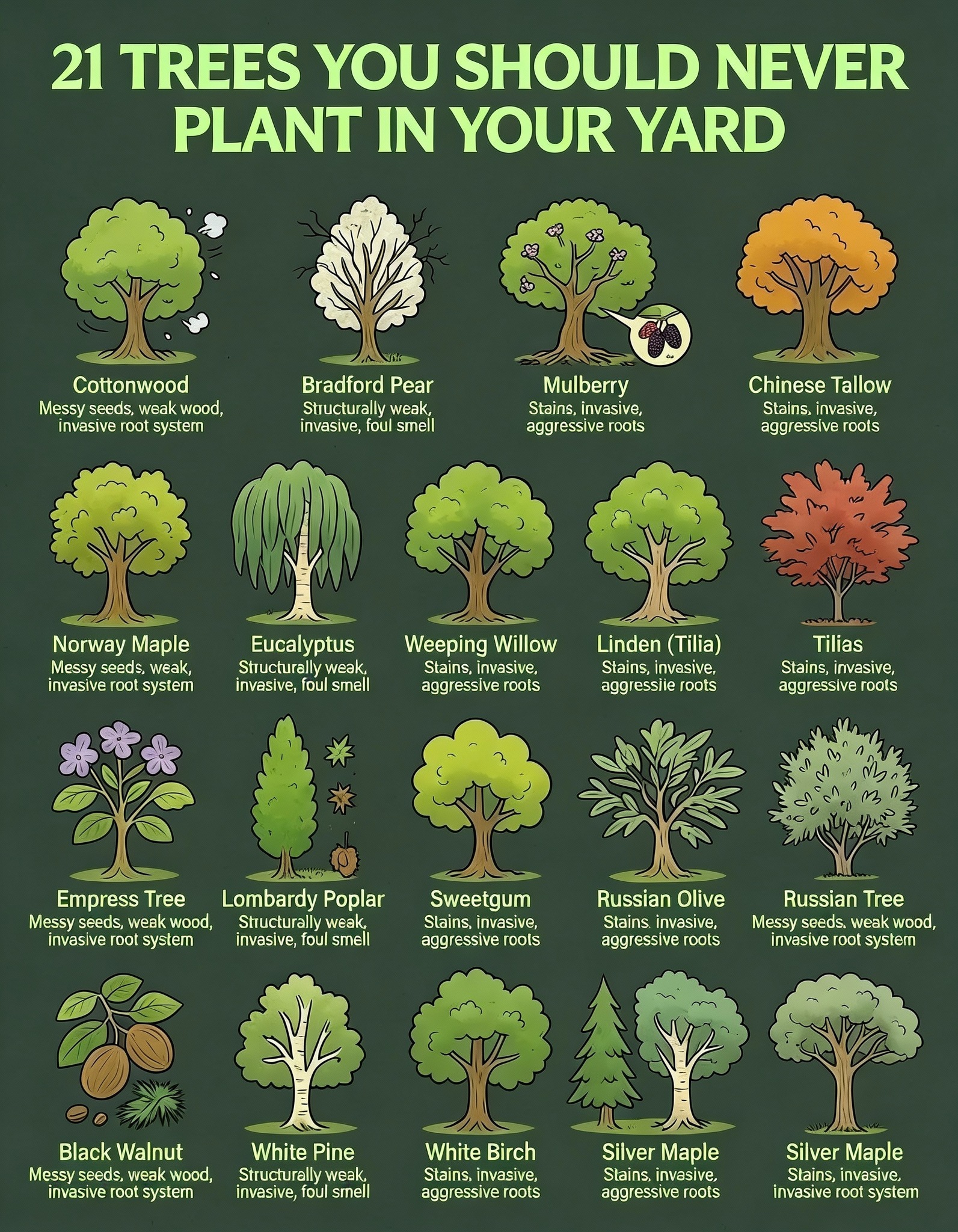 Garden - The image lists 21 trees you should never plant in your yard ...