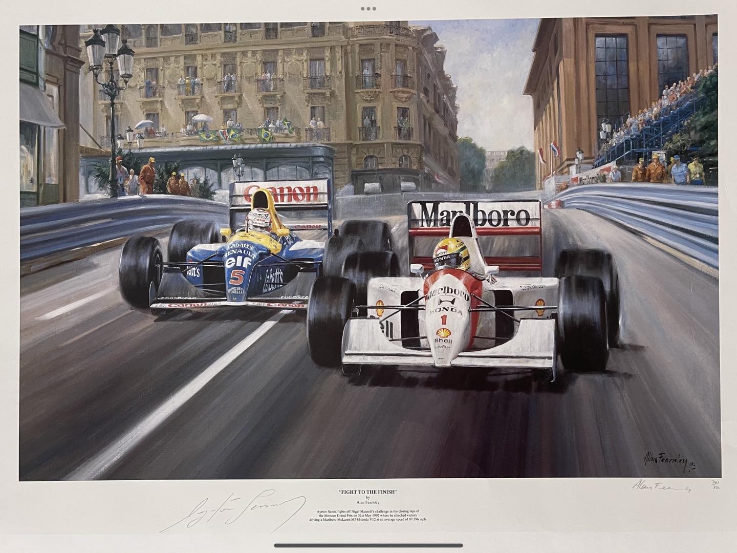 AYRTON SENNA FIGHT TO THE FINISH AUTOGRAPHED PRINT -MONACO 1992
