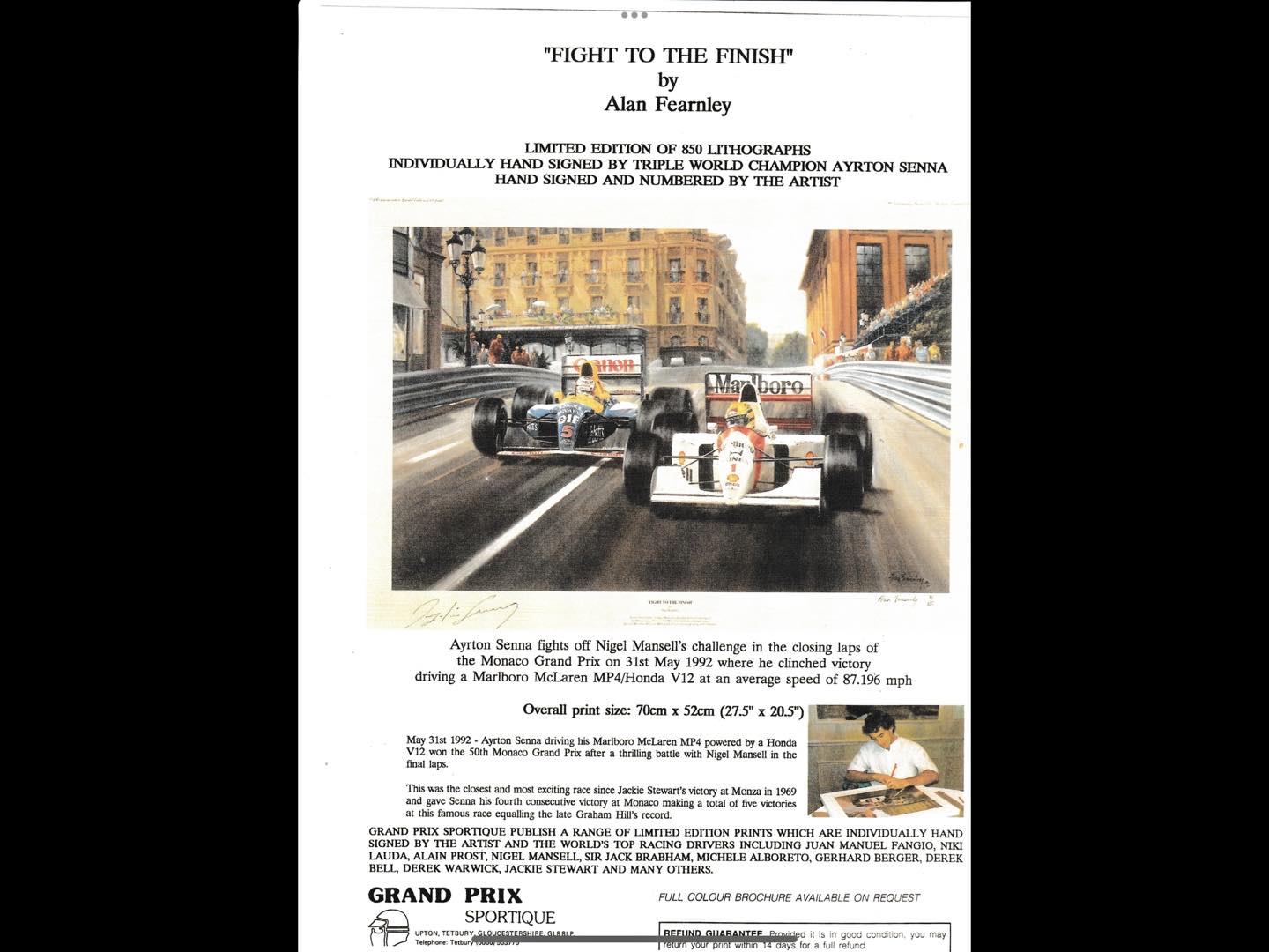 AYRTON SENNA FIGHT TO THE FINISH AUTOGRAPHED PRINT -MONACO 1992
