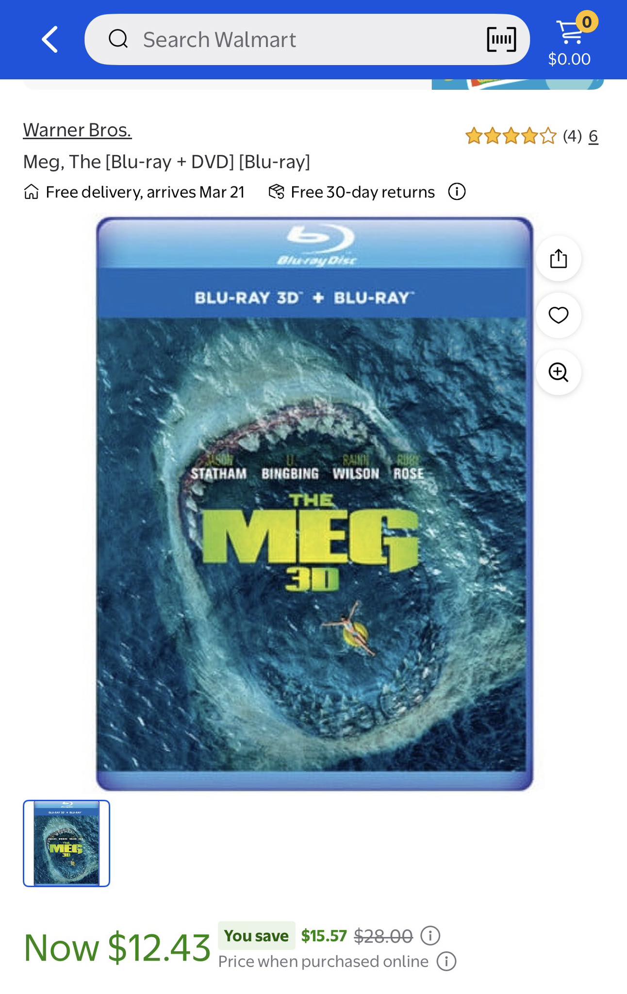 Any Meg 3D enjoyers? Search Walmart 0 ] Warner Bros. $0.00 Meg 