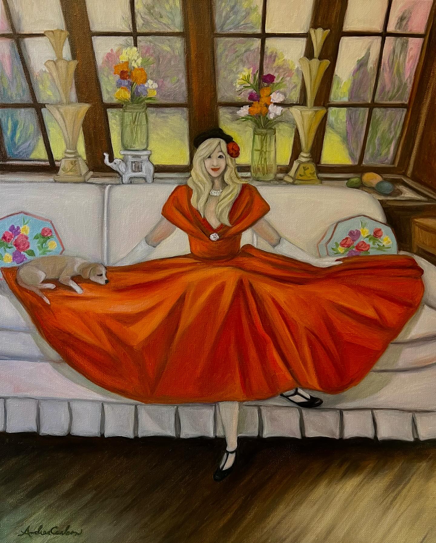 lady in the red dress painting Art Print – Stellar Villa Woman in a Red Dress,