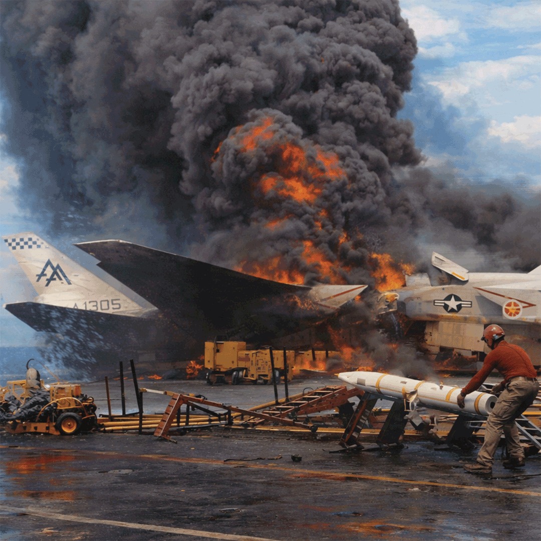 Naval - This image shows a raging fire on the flight deck of an ...