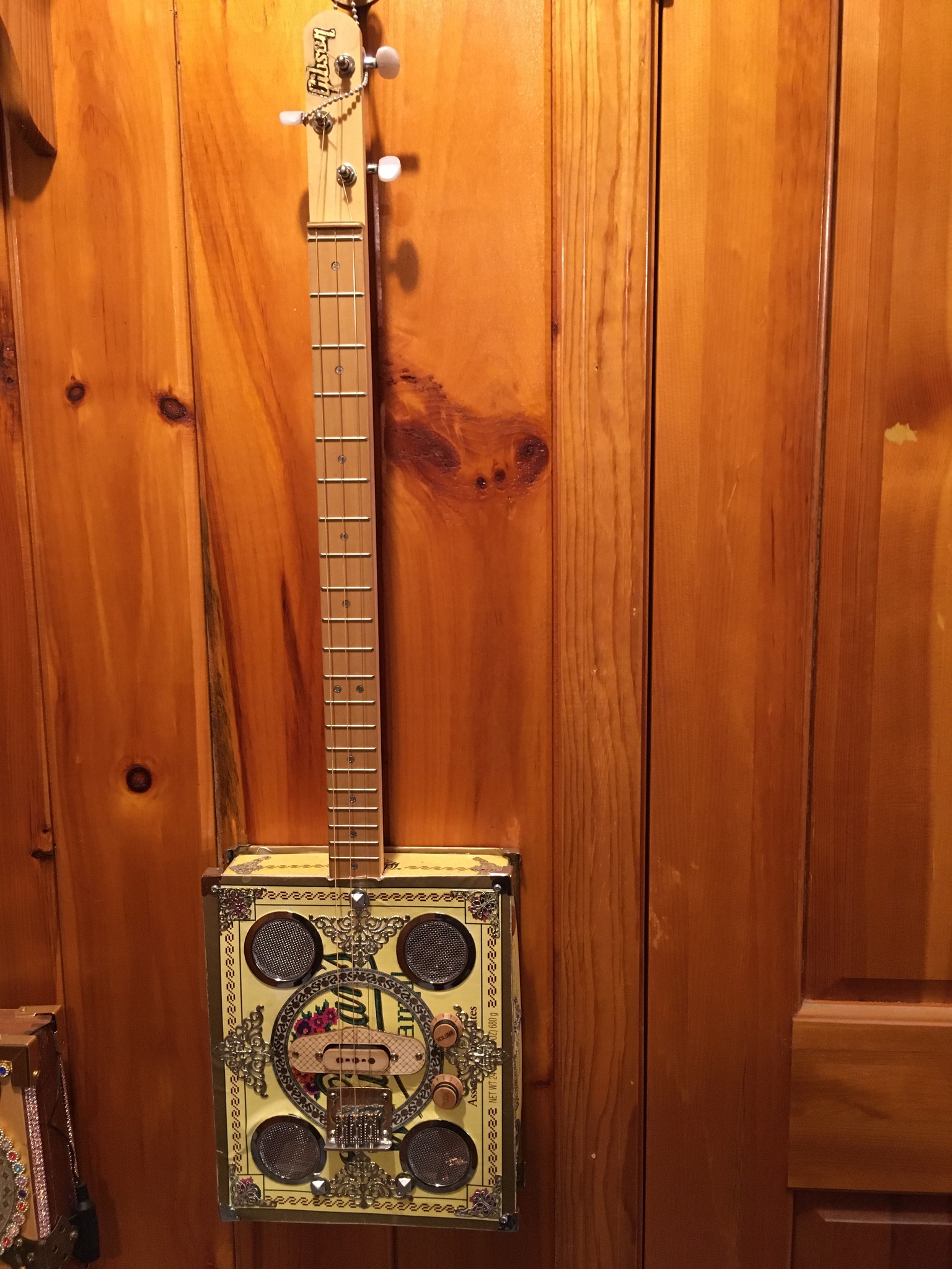 Cecil Whittaker's pizza box turned into an electric guitar