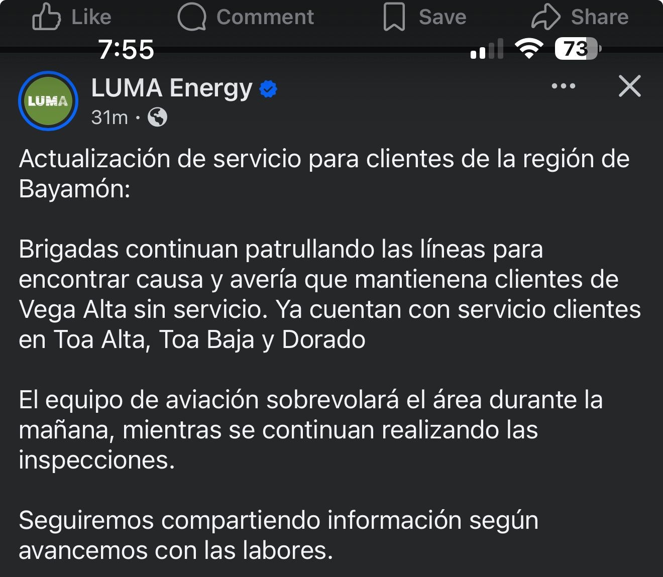 Comment LUMA Save Like 7:55 LUMA LUMAEnergy Energy 31m Share 73 X ...