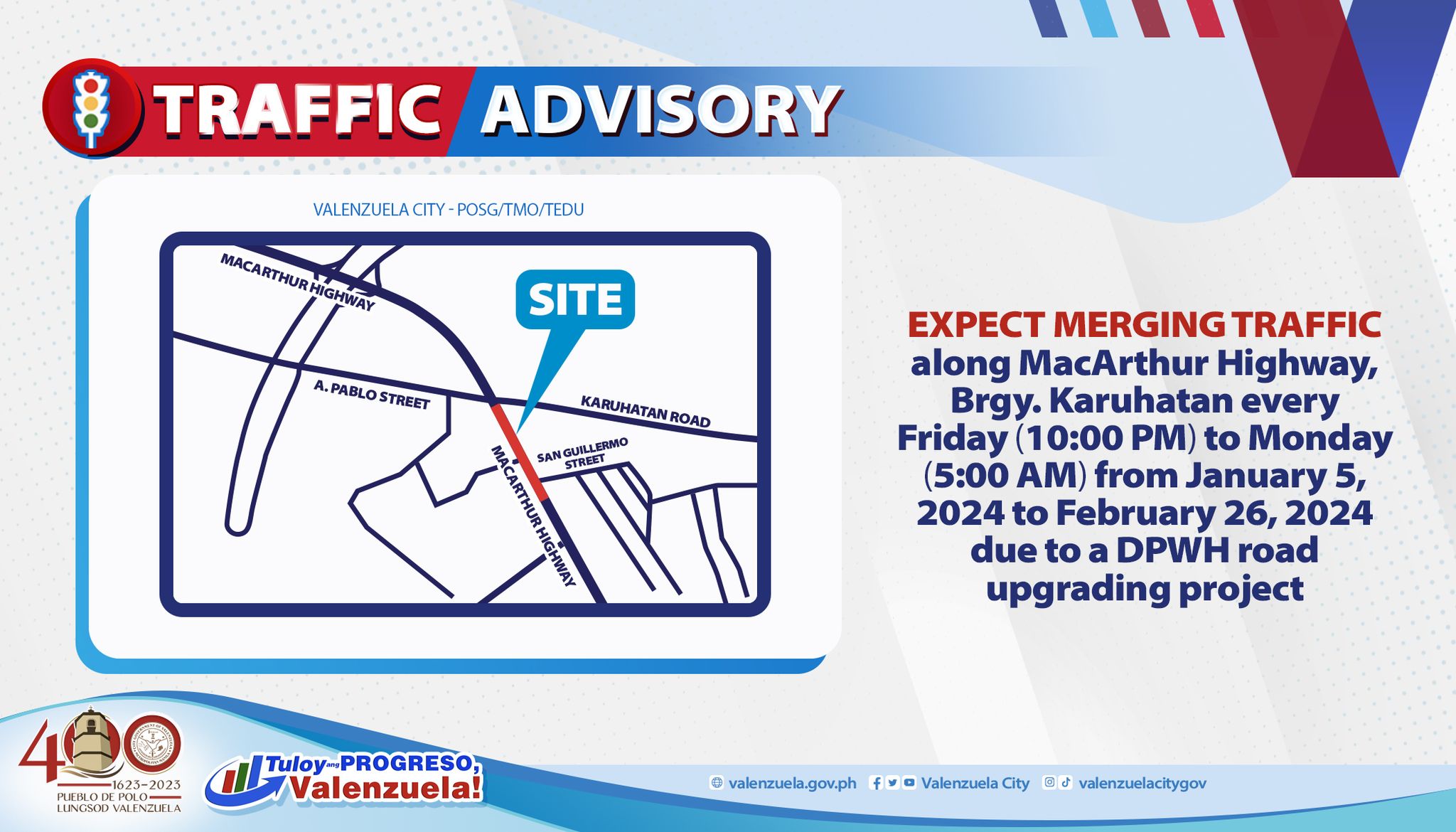 Valenzuela - TRAFFIC ADVISORY: EXPECT MERGING TRAFFIC along MacArthur ...