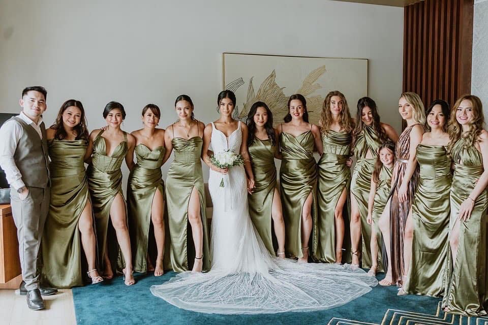 charmeuse satin bridesmaid dress Sushmita's girls wearing custom Olive green gowns 💚 For inquiries, you can send us a message or email us at desinodulce@yahoo.com memorialday23 Pleated;Fully Lined Lace Cocktail Dresses Tea Green satin Size:15-15.5-32-33